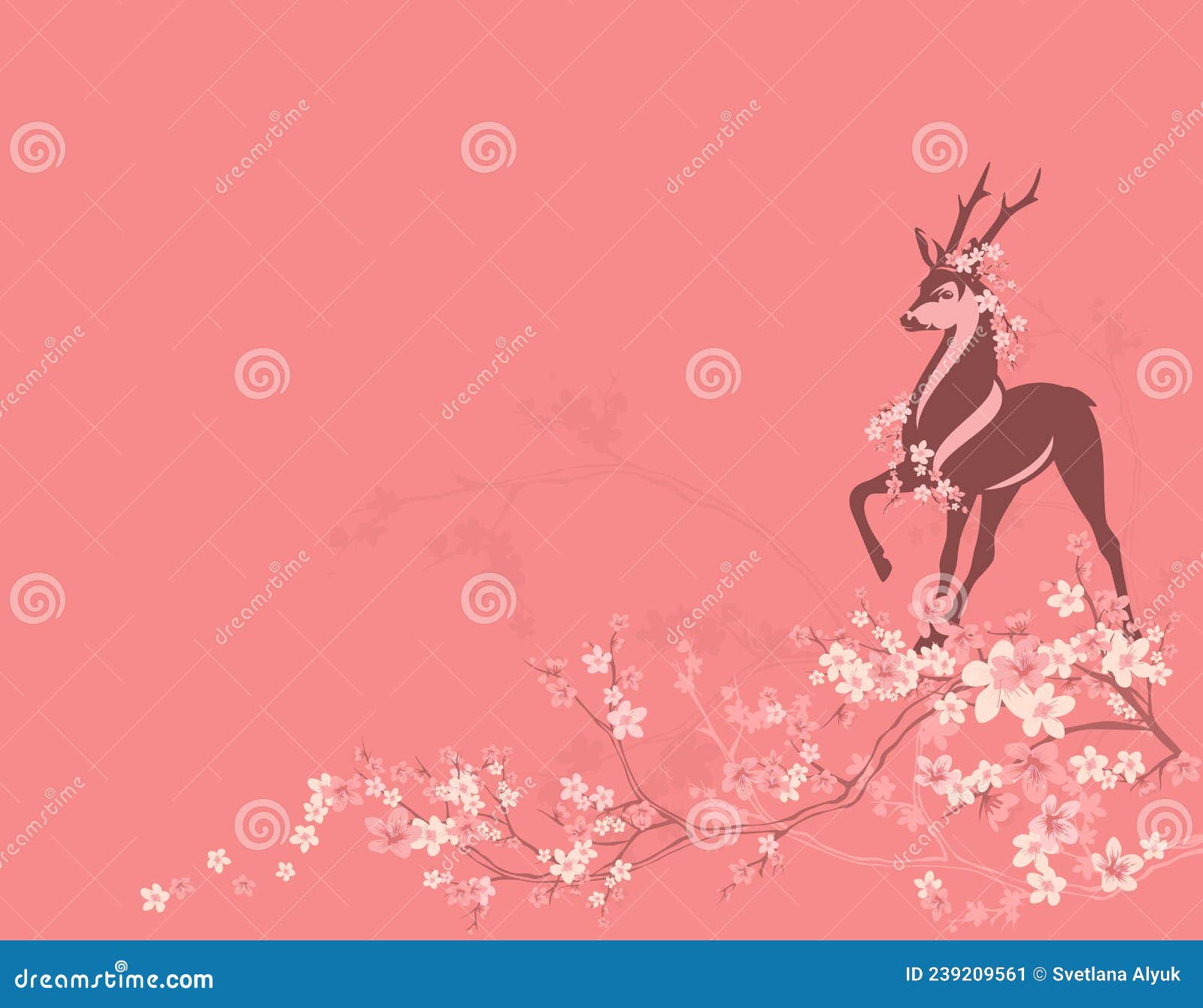 spring sakura flower branches and standing wild deer  background