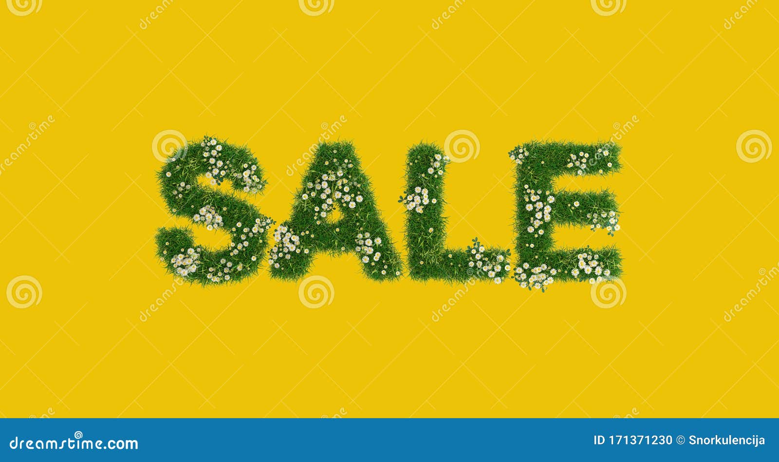 spring sale banner concept, letters made of grass and daisies, amber yellow background, mock-up, 