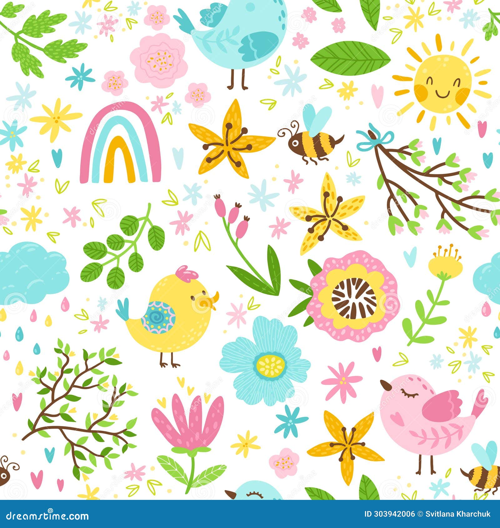 Spring Seamless Pattern in Cartoon Style. Colorful Childish Doodle with  Simple Birds, a Bee and Flowers Stock Vector - Illustration of funny,  summer: 303942006