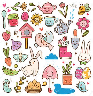 Spring Season Kawaii Doodle Set Stock Illustration - Illustration of ...