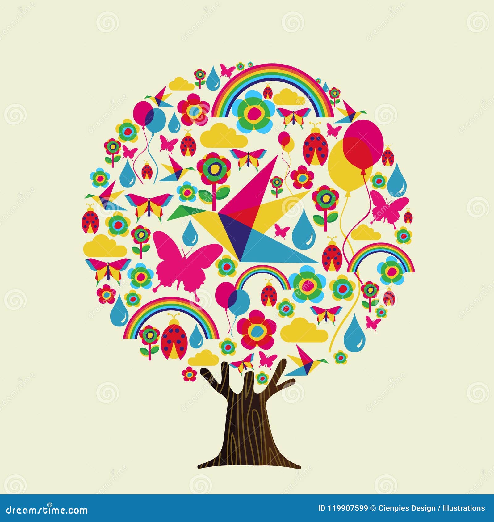 spring season tree of colorful springtime icons