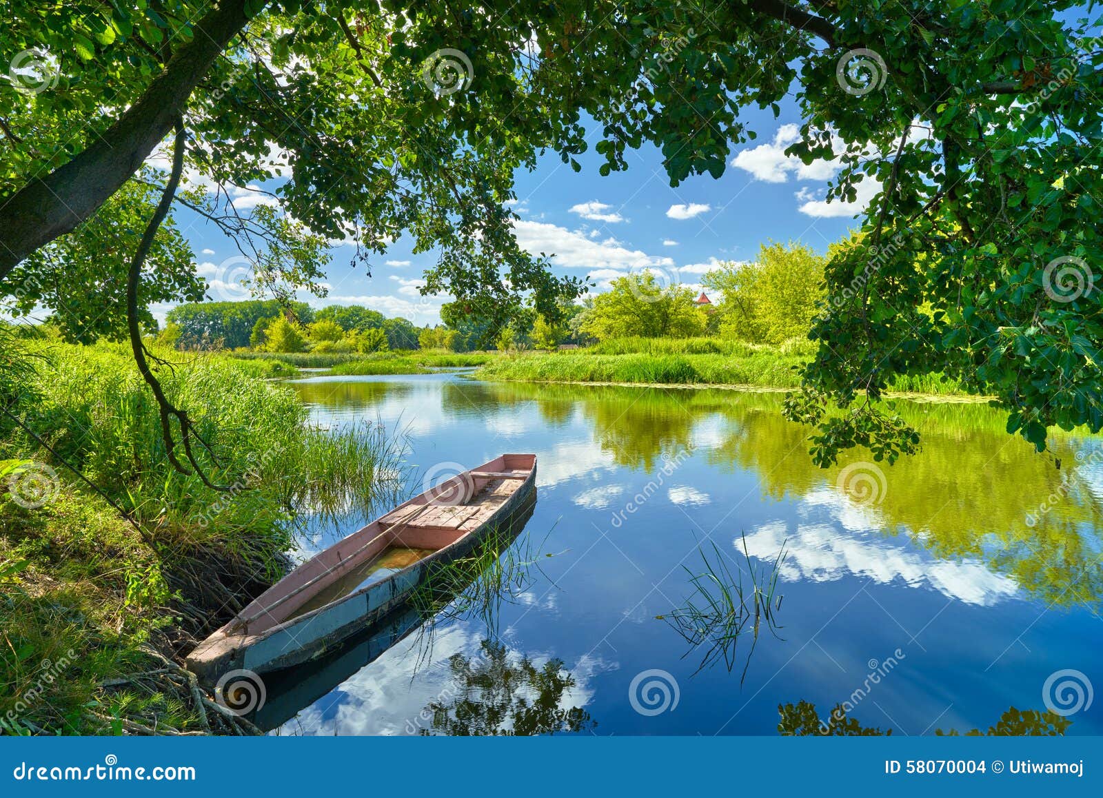 spring summer landscape blue sky clouds river boat green trees