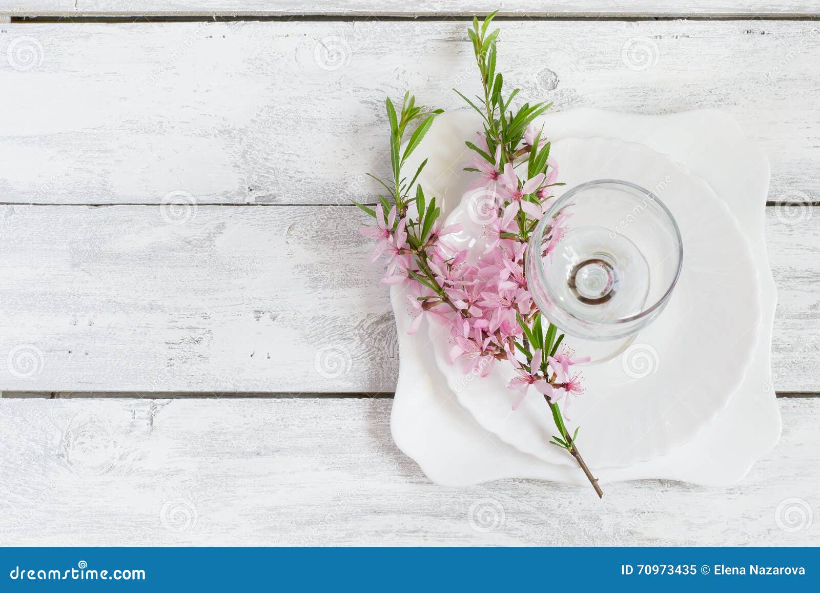Spring Table Setting, White Plate and Wine Glass Decorated with Stock