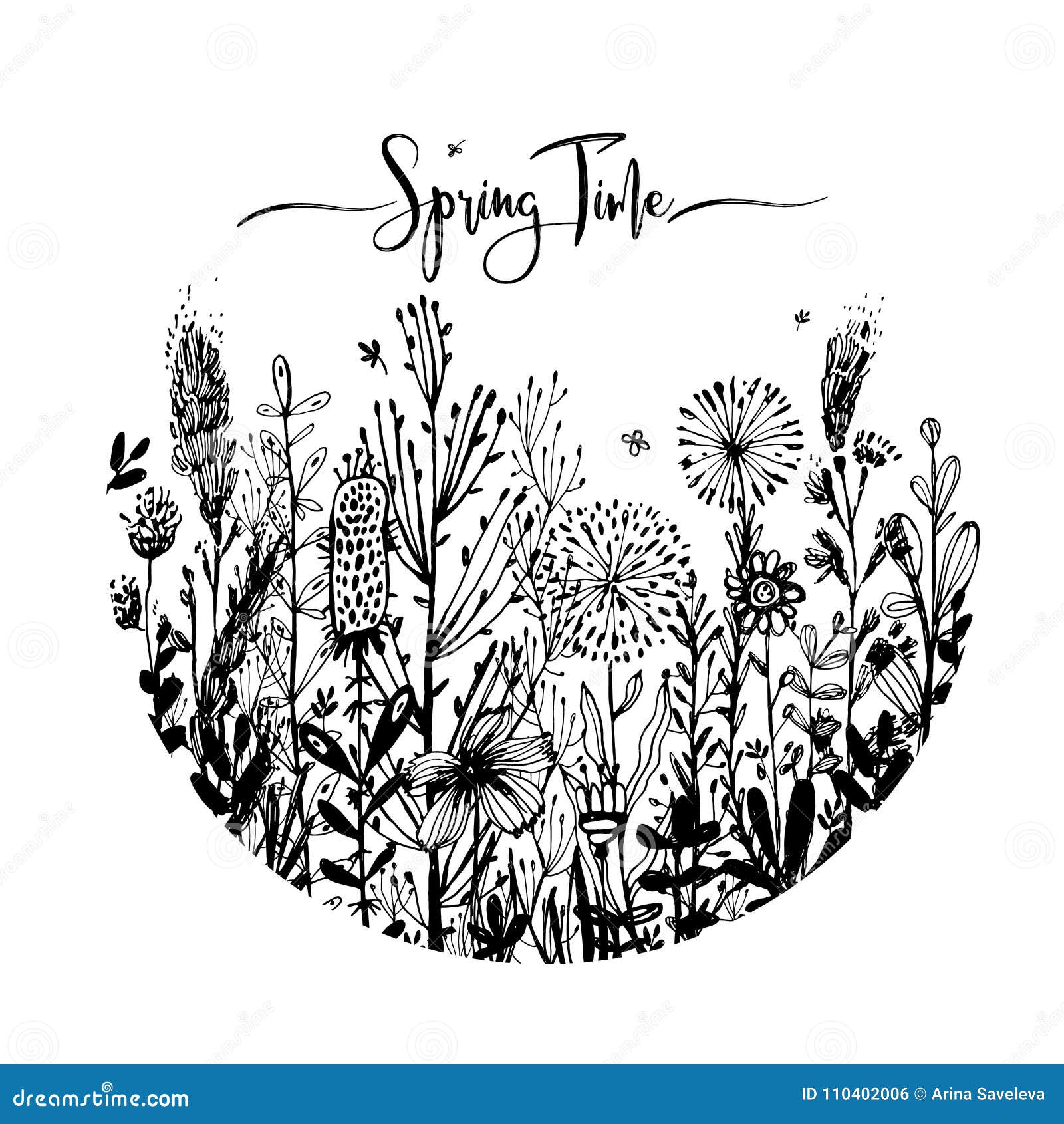 spring time wording with hand drawn flowers in a circle, set of black doodle s, grass, leaves, flowers. 