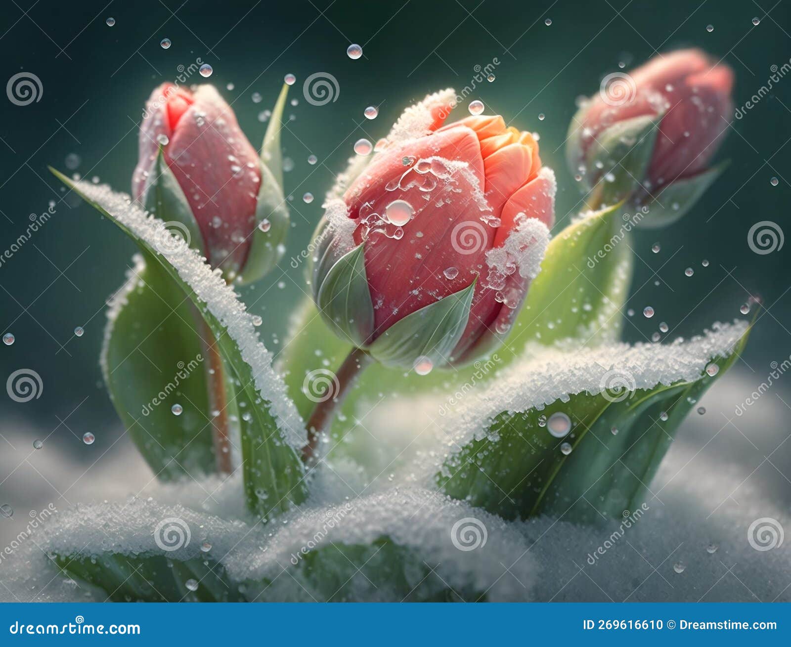 Spring Tulips Blooming Under the Snow Covered with Ice Crystals Stock