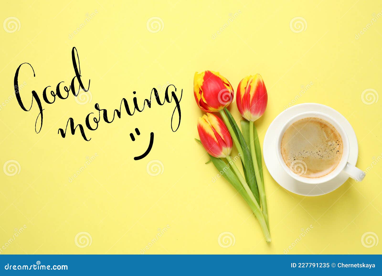 Spring Tulips and Coffee on Yellow Background, Flat Lay. Good ...