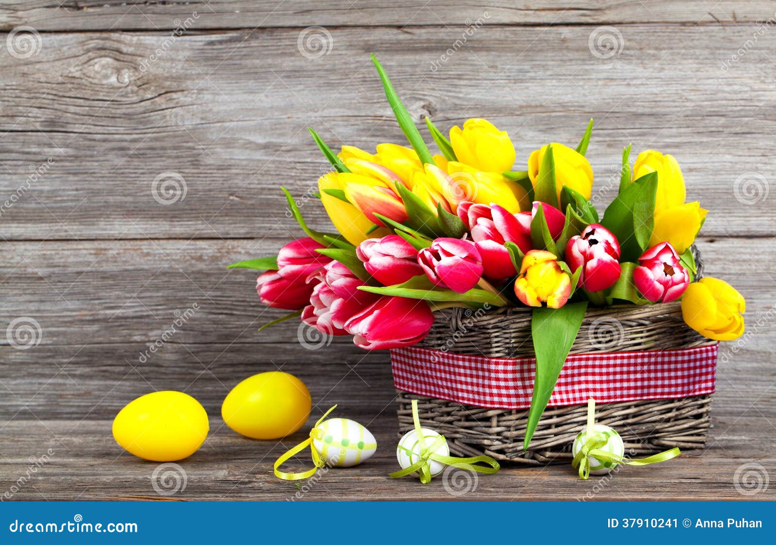 Spring Tulips in Wooden Basket with Easter Eggs Stock Image - Image of ...