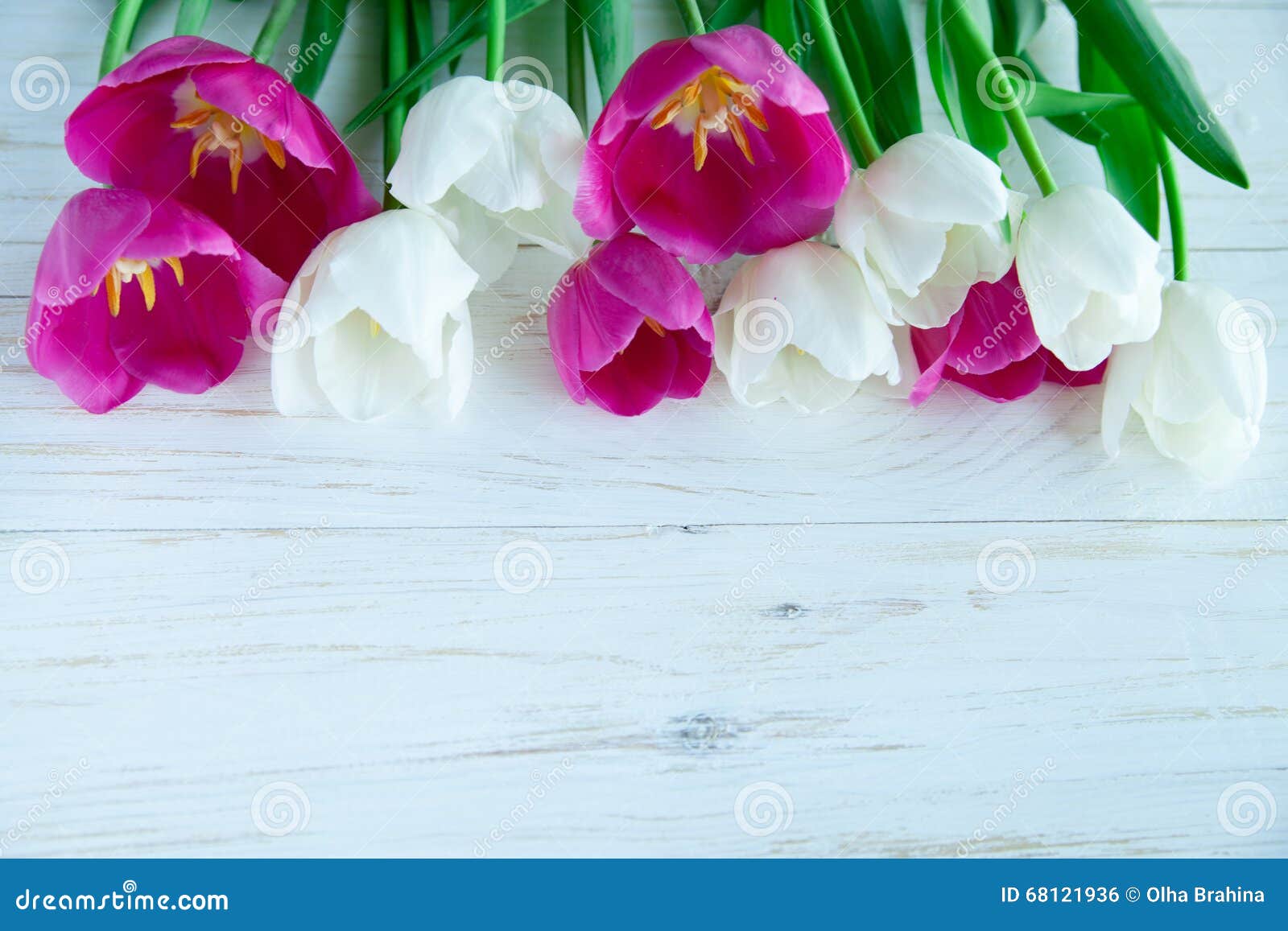 spring tulpes flowers on white wooden background