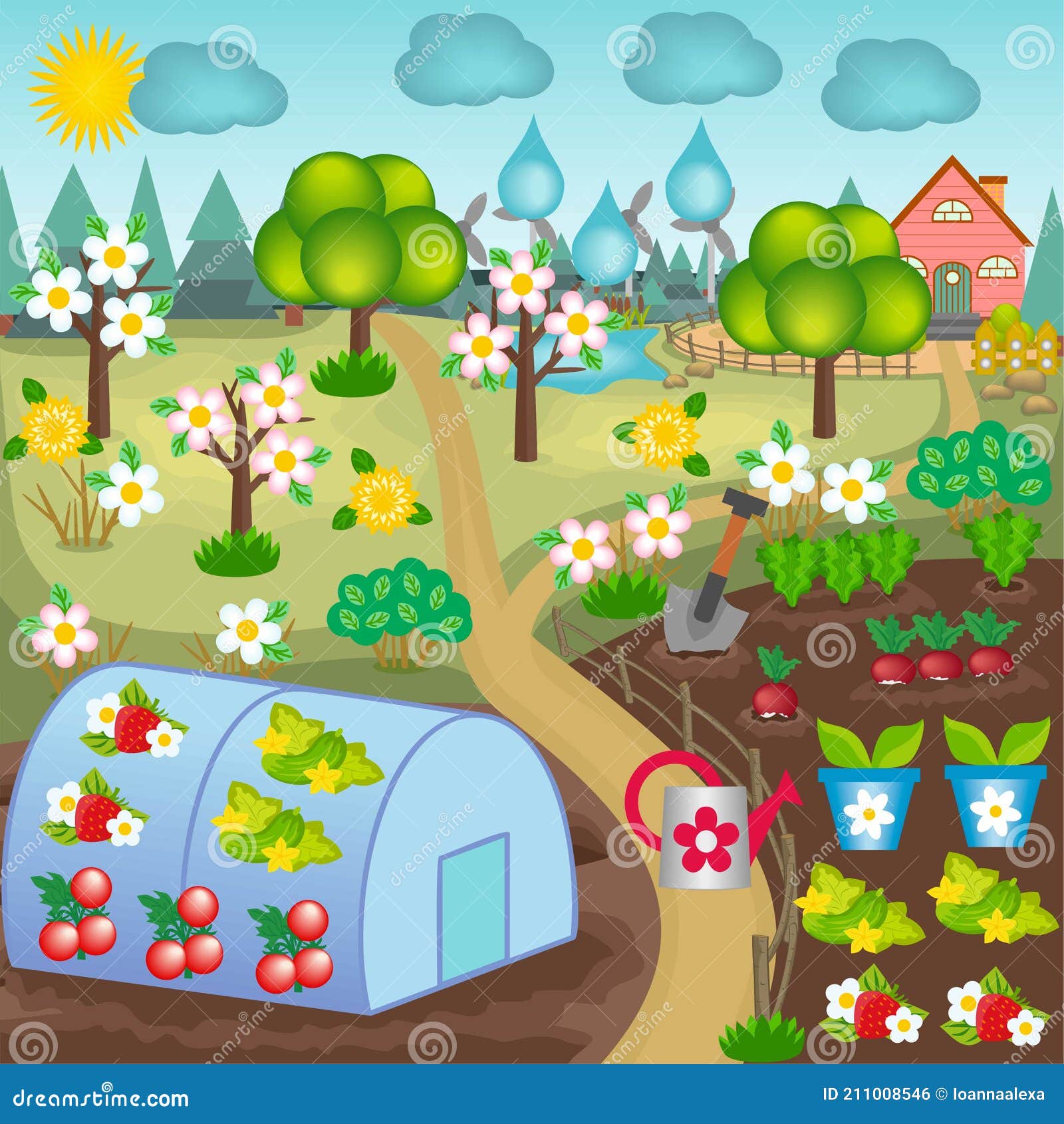 Spring Vector Landscape of the Garden with Flowering Trees, Greenhouse ...