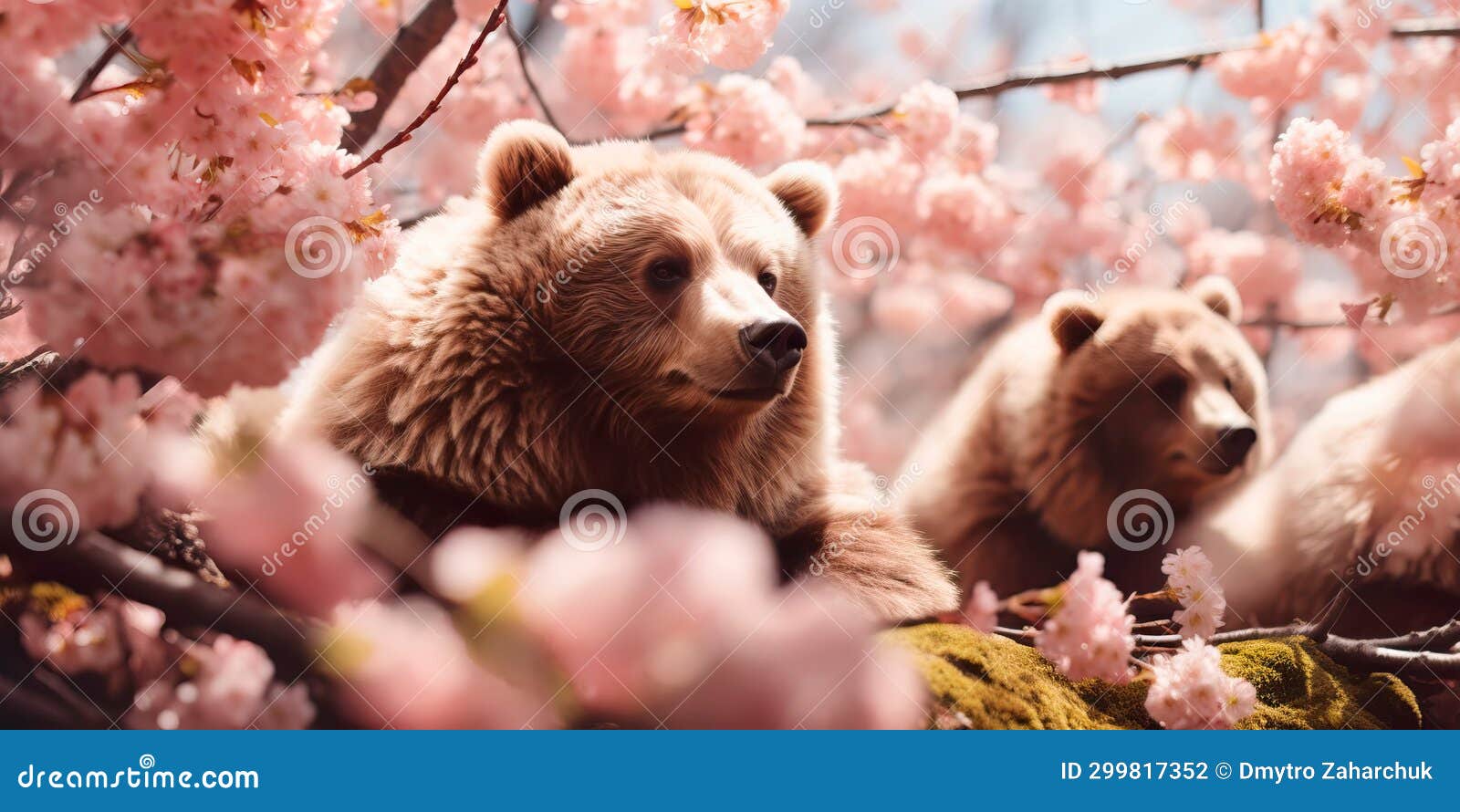 spring walk of bears among blossoming trees. generative ai