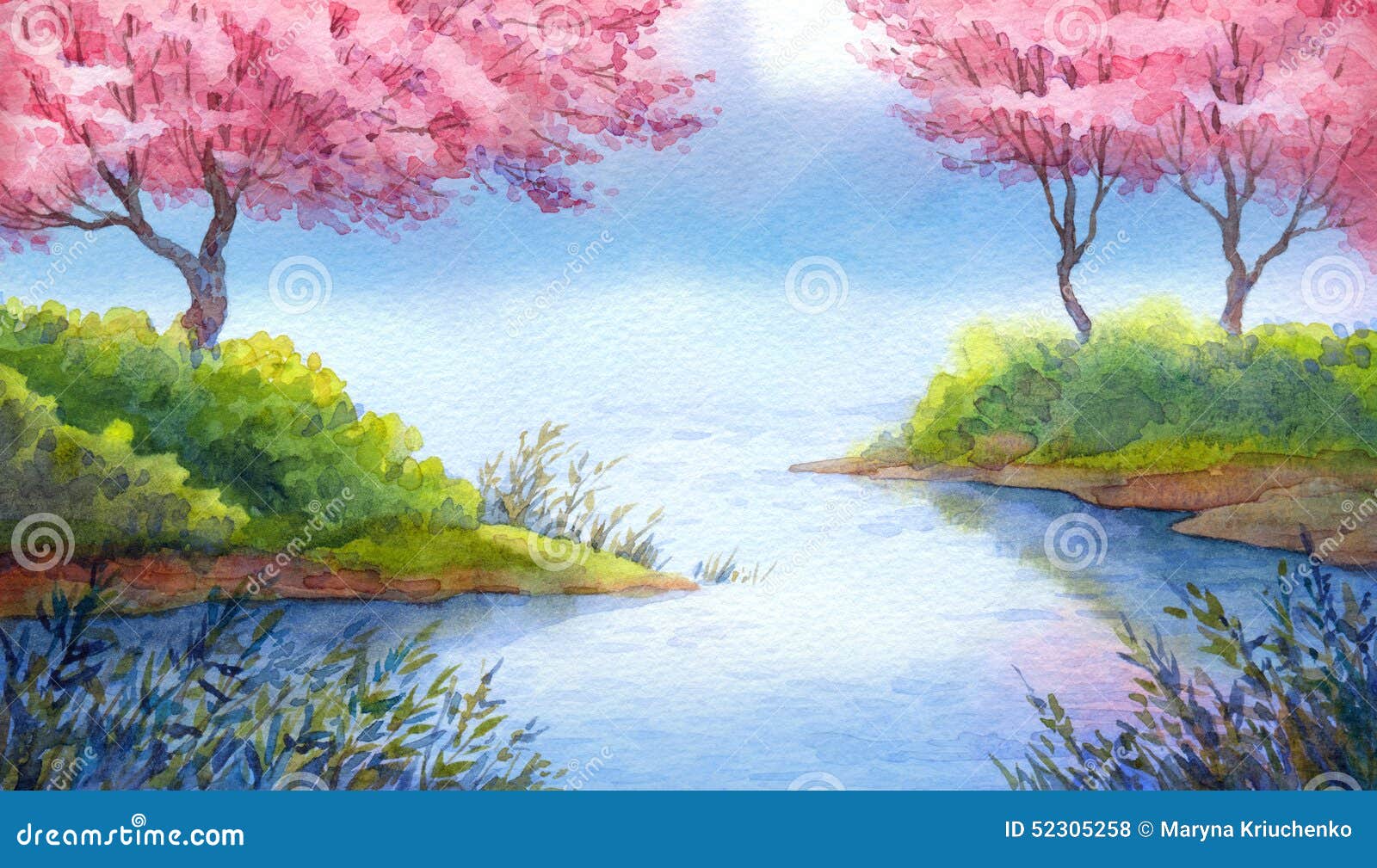 Spring Watercolor Landscape. Flowering Trees Over Lake