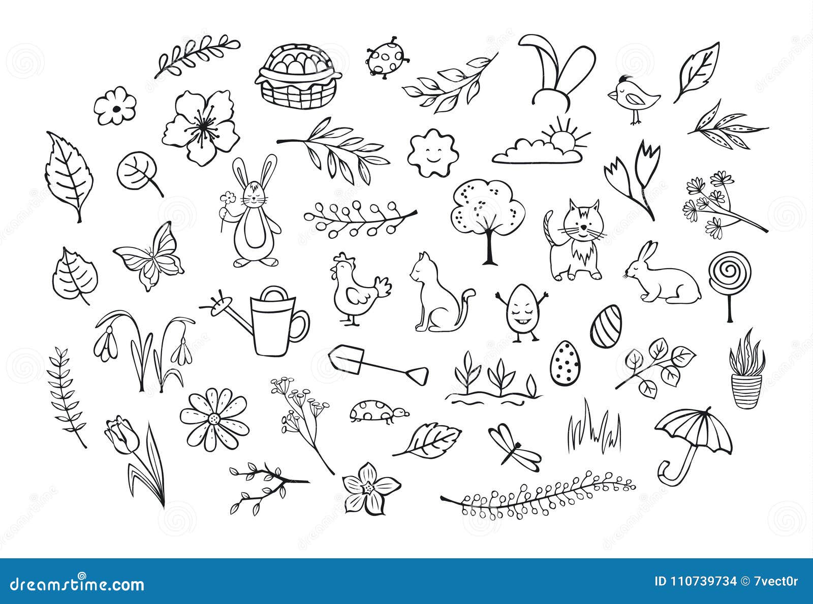 springtime easter outlined hand drawn simpe childlike doodles