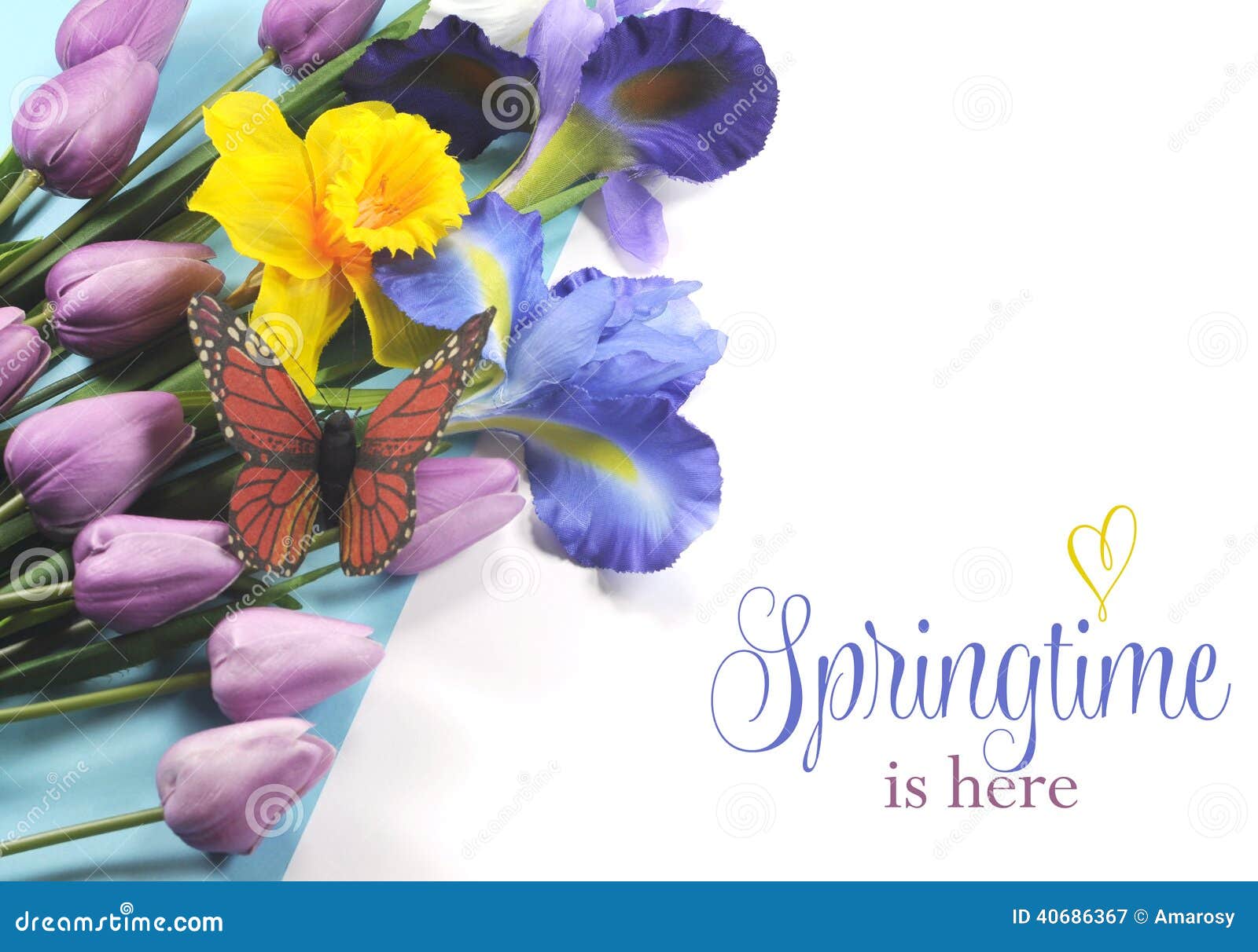 springtime is here sample text on white background with spring flowers