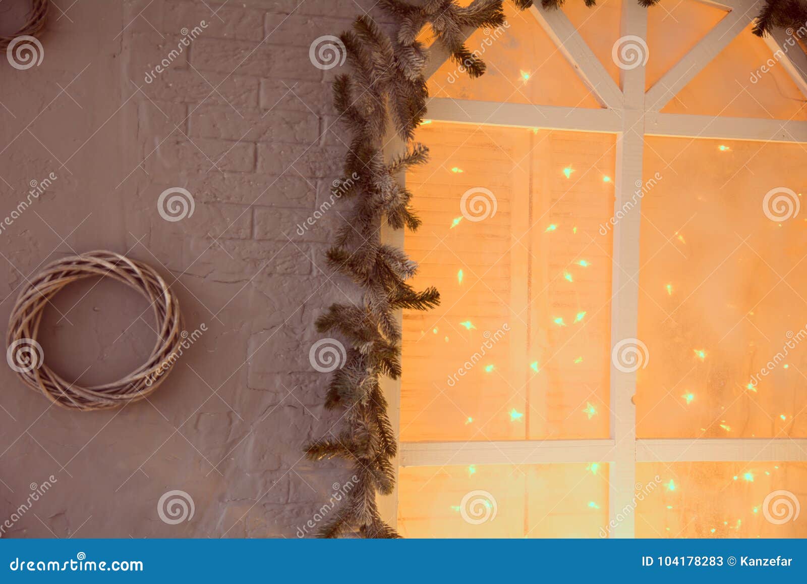 Spruce Branches With Illuminated Garlands Window. Stock Image - Image