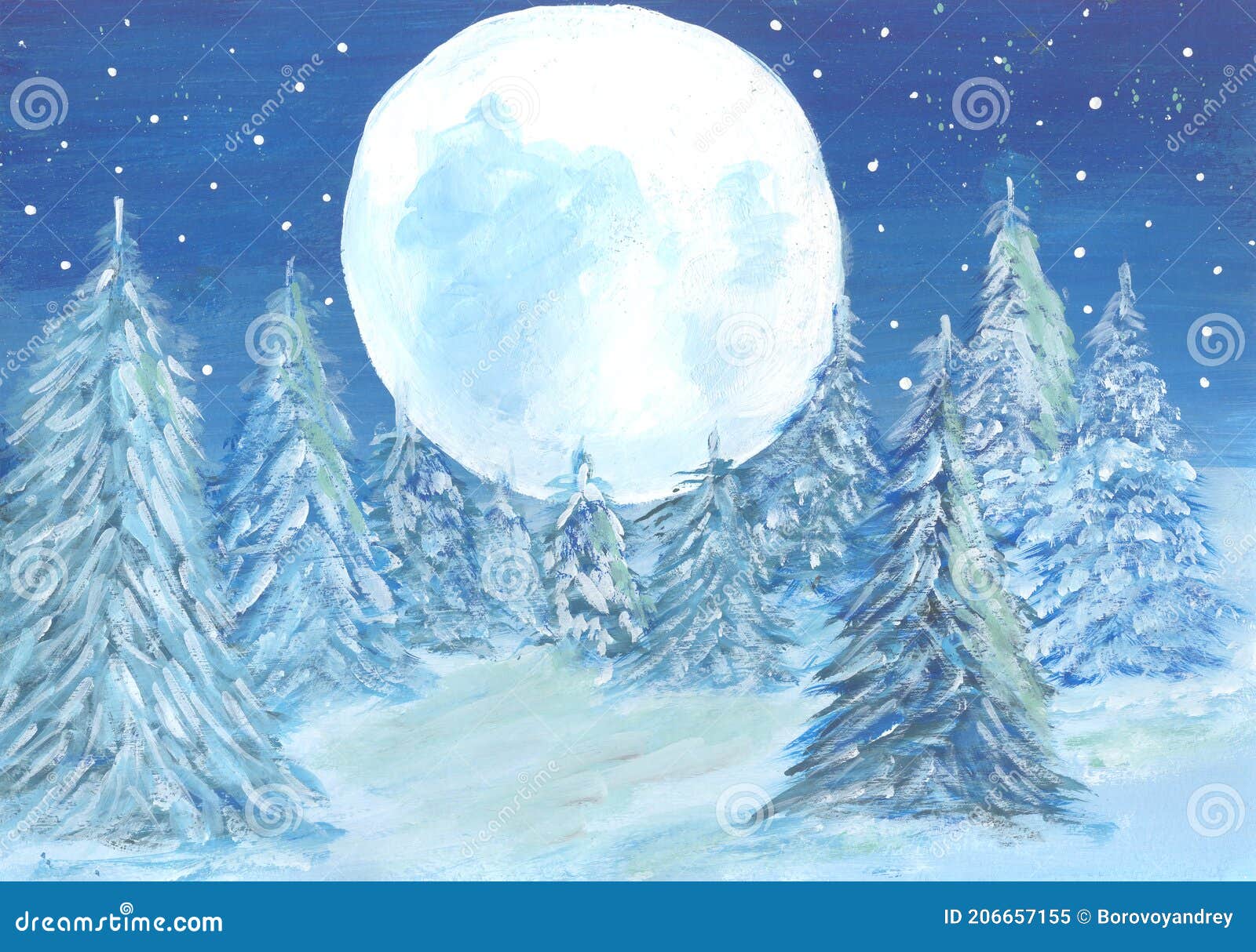 Spruce Trees In The Winter At Full Moon Watercolor Illustration