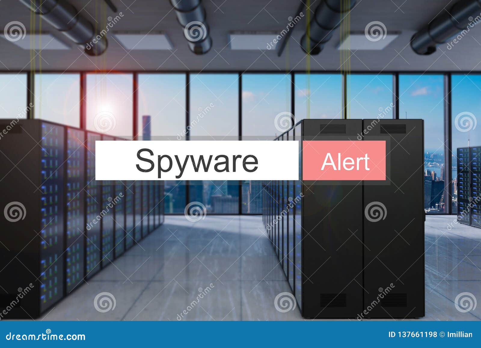 spyware alert in red search bar large modern server room skyline view, 3d 