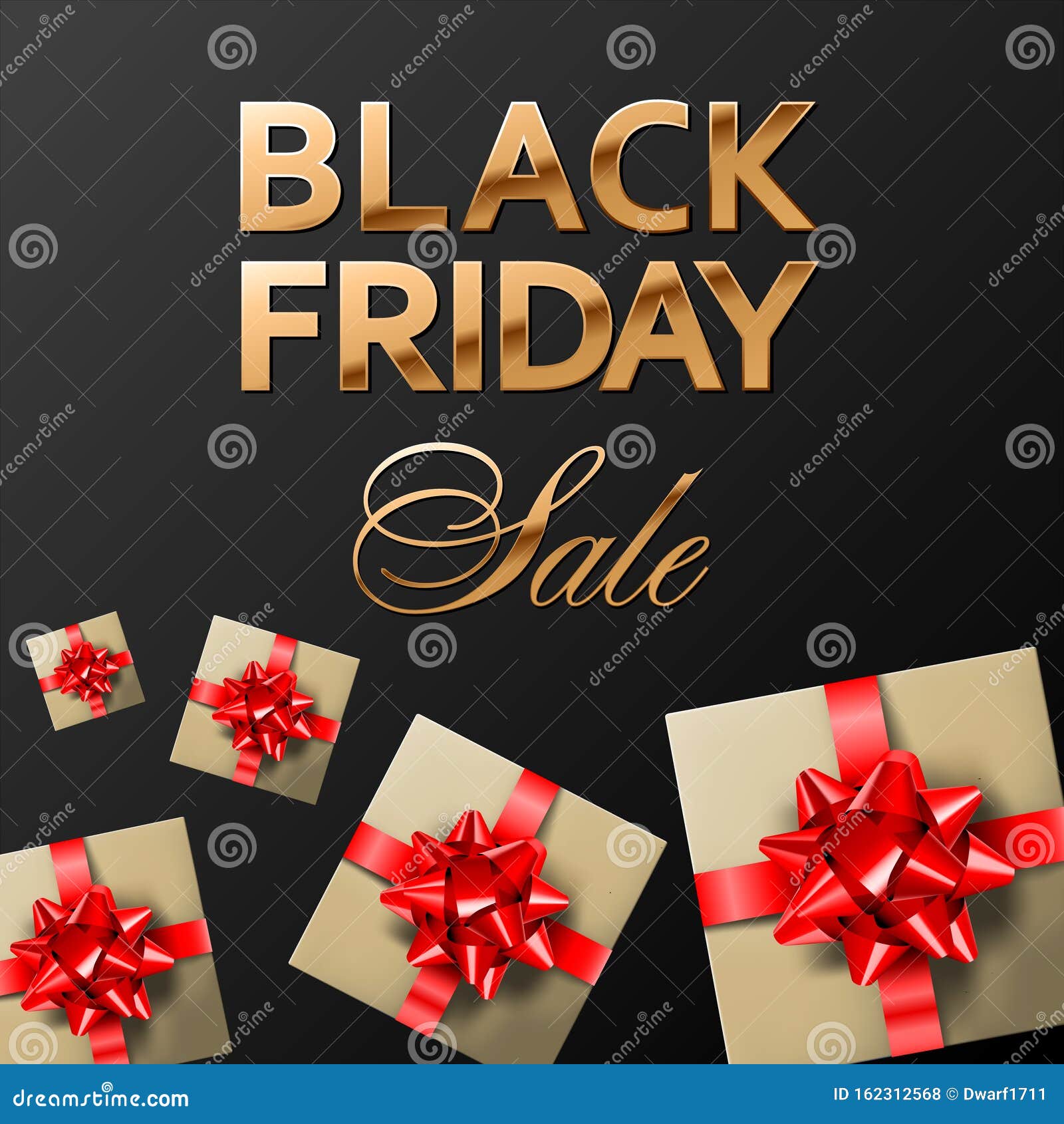 Square banner or social media post vector template with black background. Black friday Sale golden lettering, several gifts, covered with wrapping with red shiny bows.
