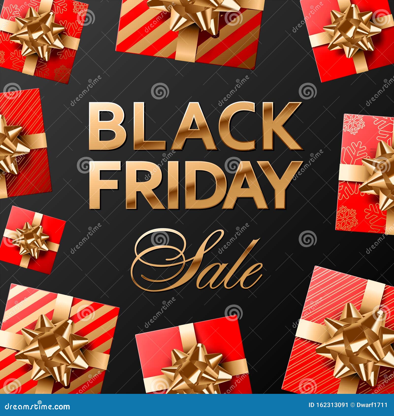 Square black friday sale vector banner or social media post template. Golden shiny lettering on black background. Several gifts covered with plain red, red and gold striped and paper with snowflakes, golden bows.
