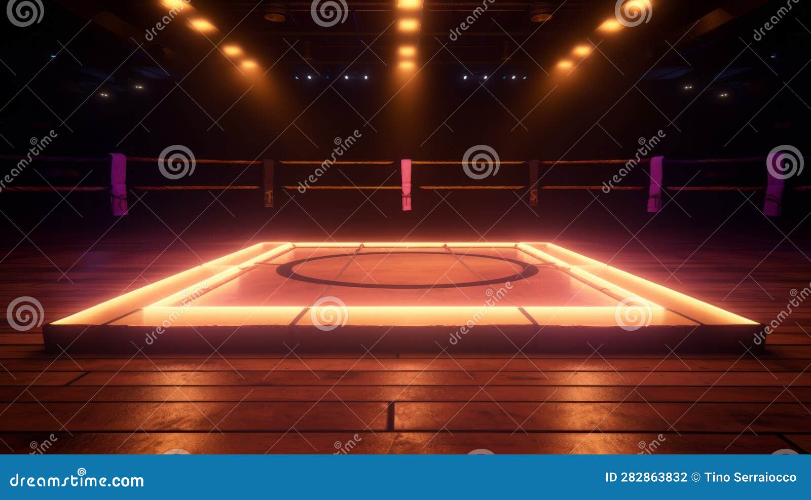 Square Boxing Ring with Illumination by Spotlights,generated with AI