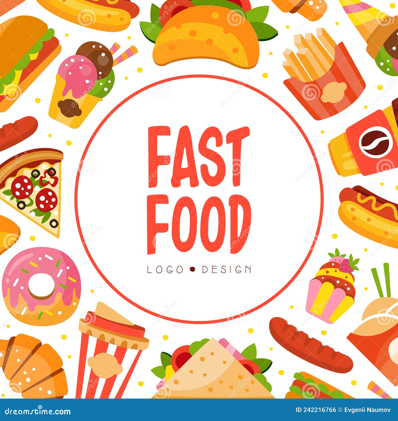 square card with fast food with hot dog and pizza  template