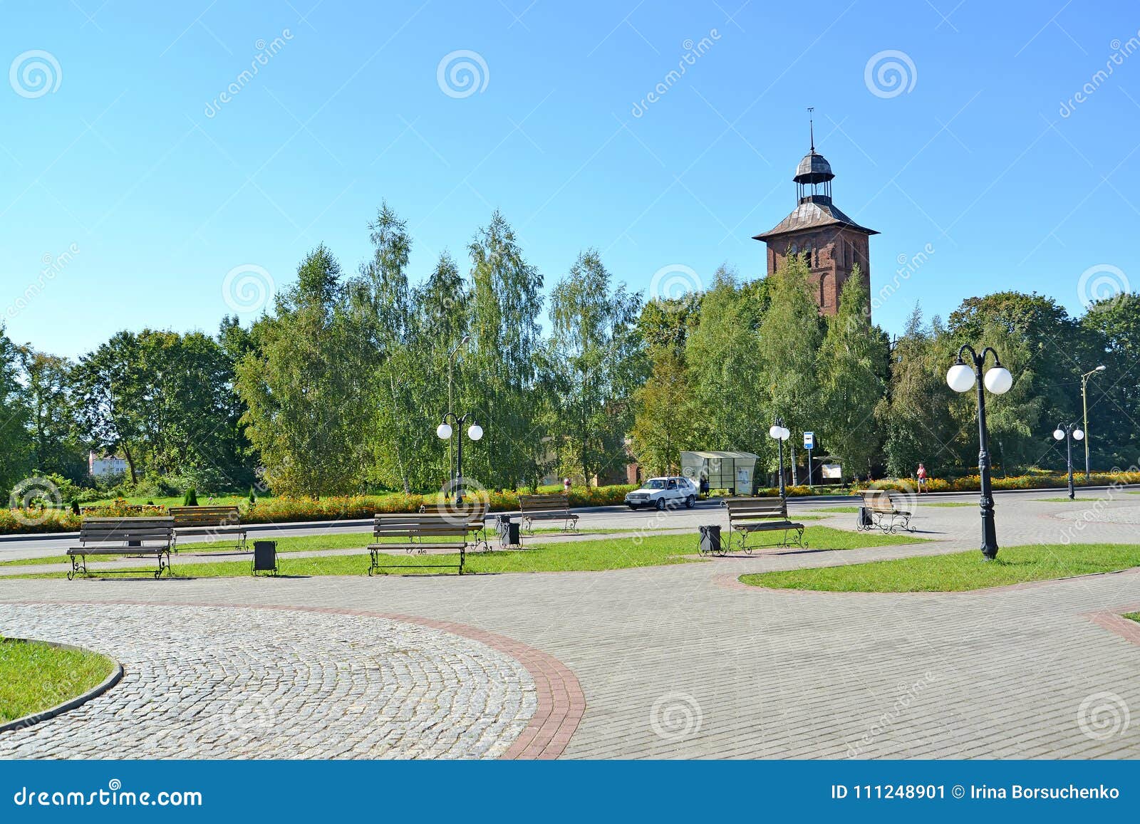 square fragment overlooking saint yakov`s lutheran church. znamensk, kaliningrad region