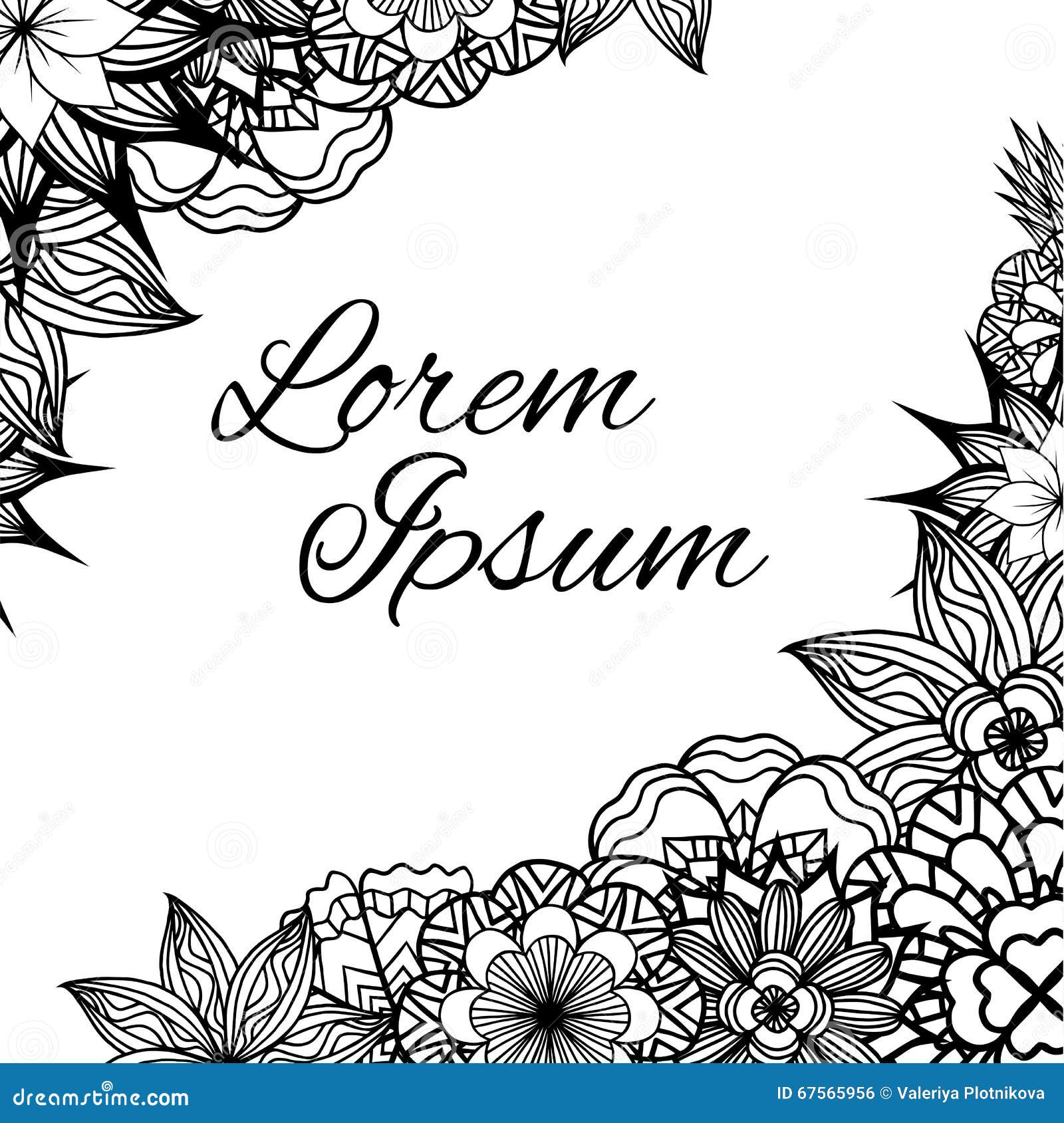 Square frame with black and white doodle flowers. Vector element for invitations, greeting cards, and your creativity