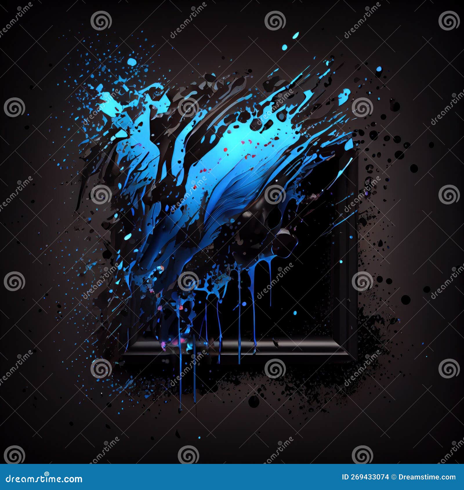A Square Frame with Blue and Black Paint Splashes on Black Background