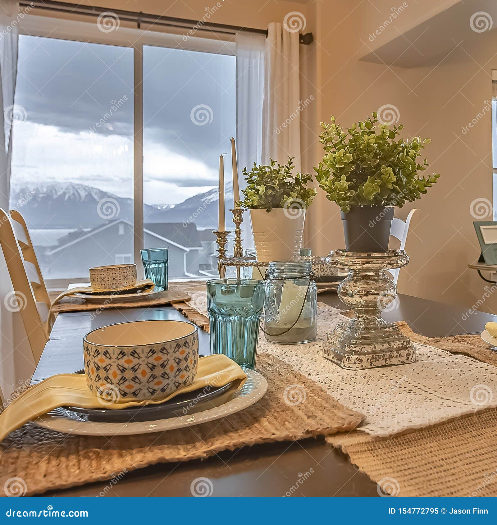 Square Frame Lovely Dining Setting With Hemp Table Runner And Placemats On The Wooden Table Stock Image Image Of Glass