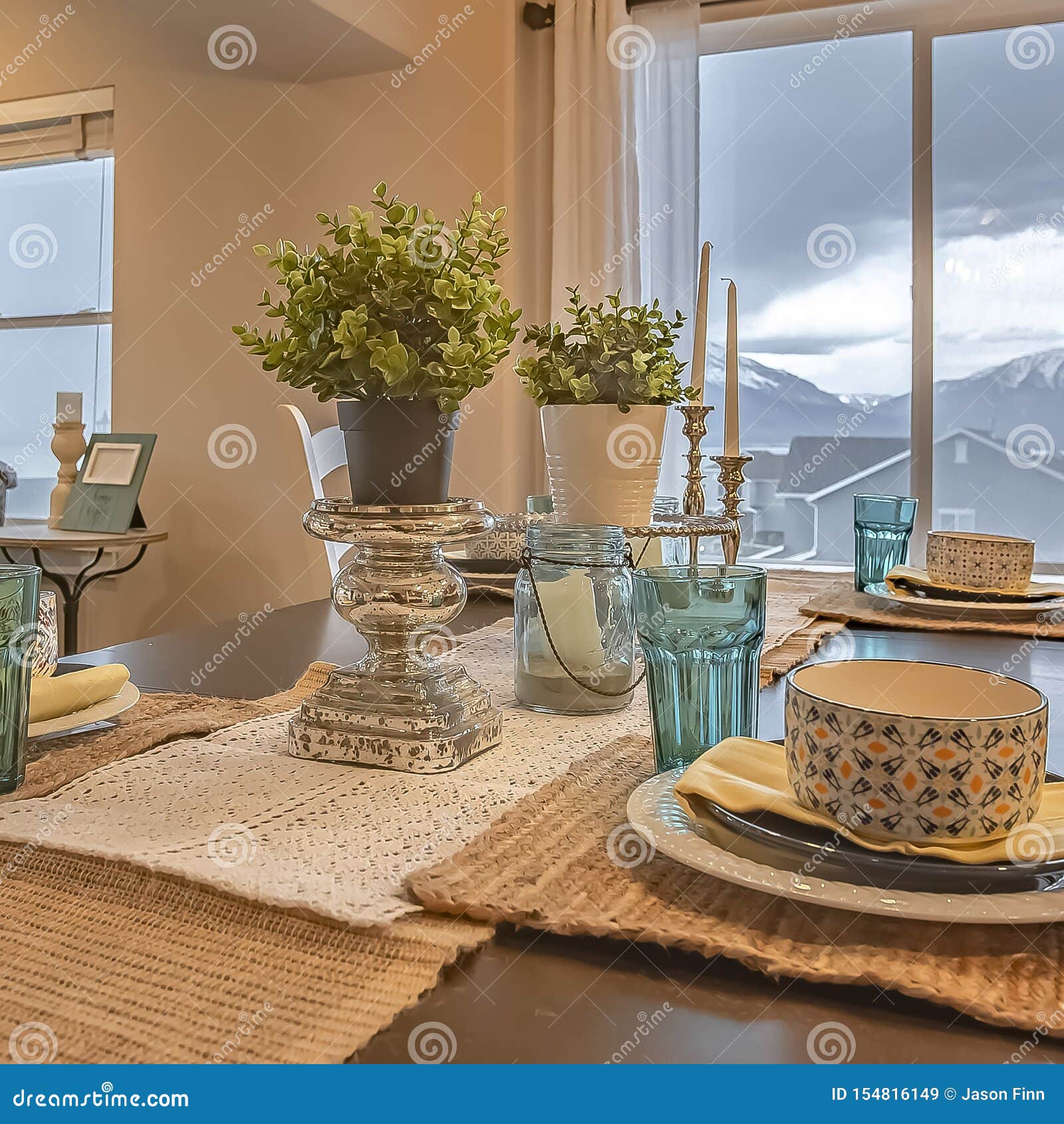 Square Frame Lovely Dining Setting With Hemp Table Runner And Placemats On The Wooden Table Stock Image Image Of Mountain