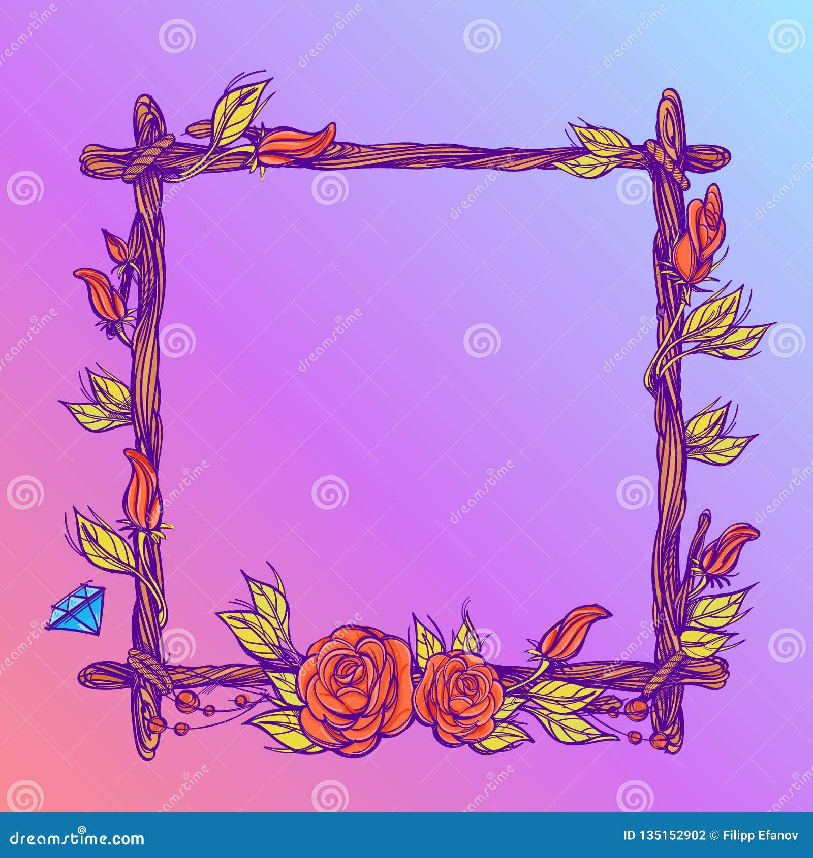 Square Frame Made of Branches with Roses and Flower Buds. Decorative