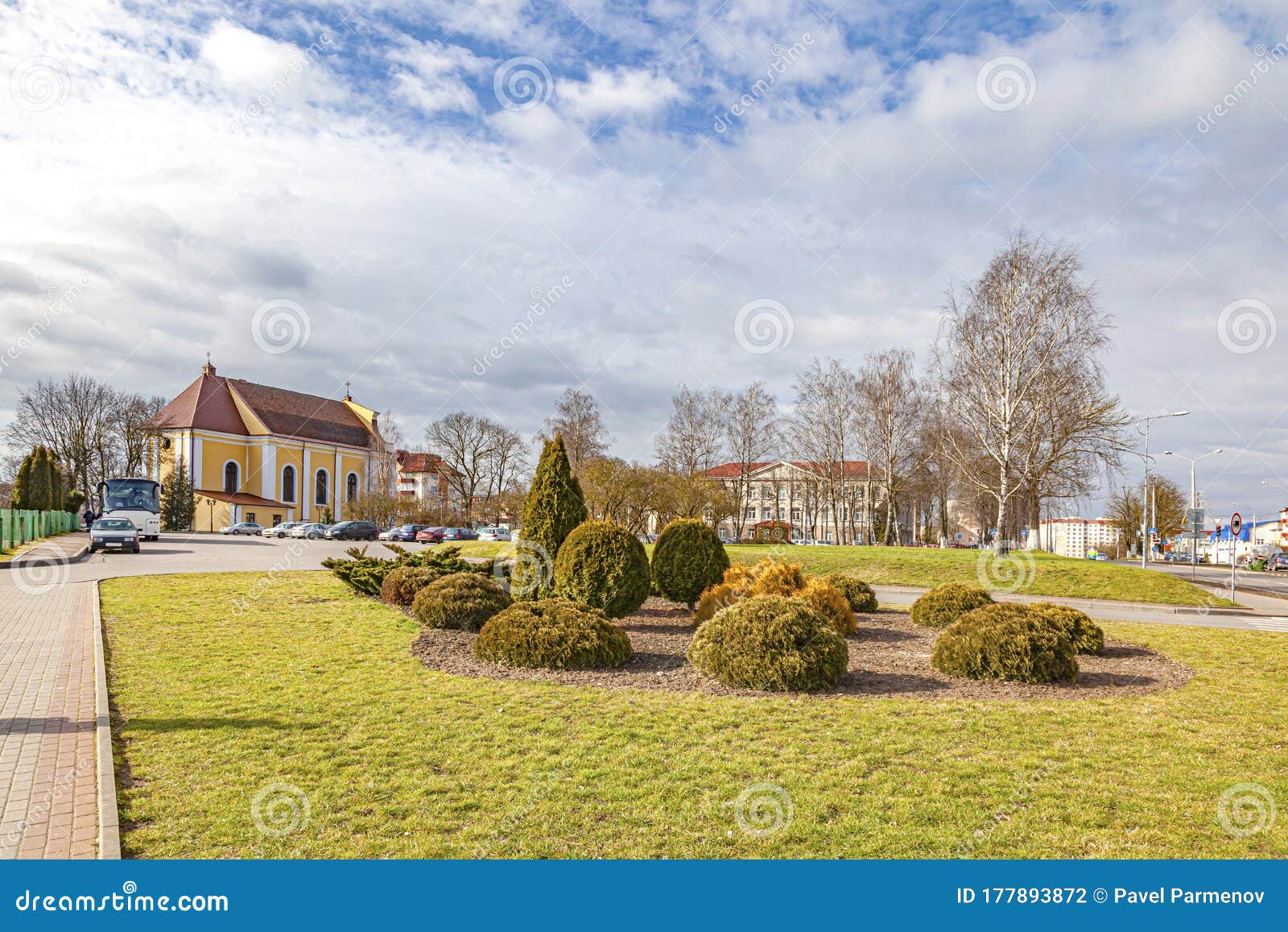 square in front of the church of the exaltation of the holy cross. lida city