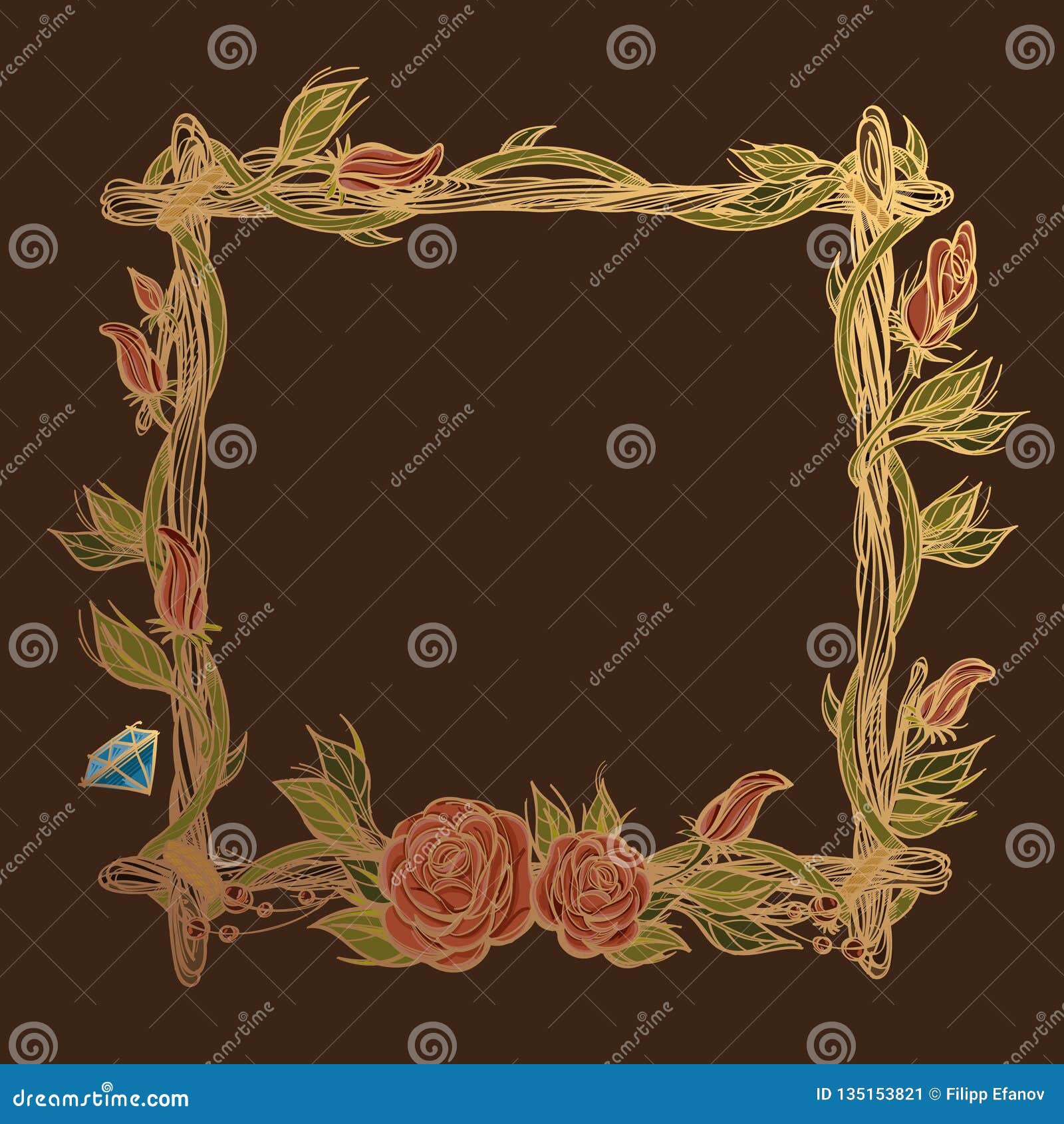 Square Golden Frame Made of Branches with Roses and Flower Buds