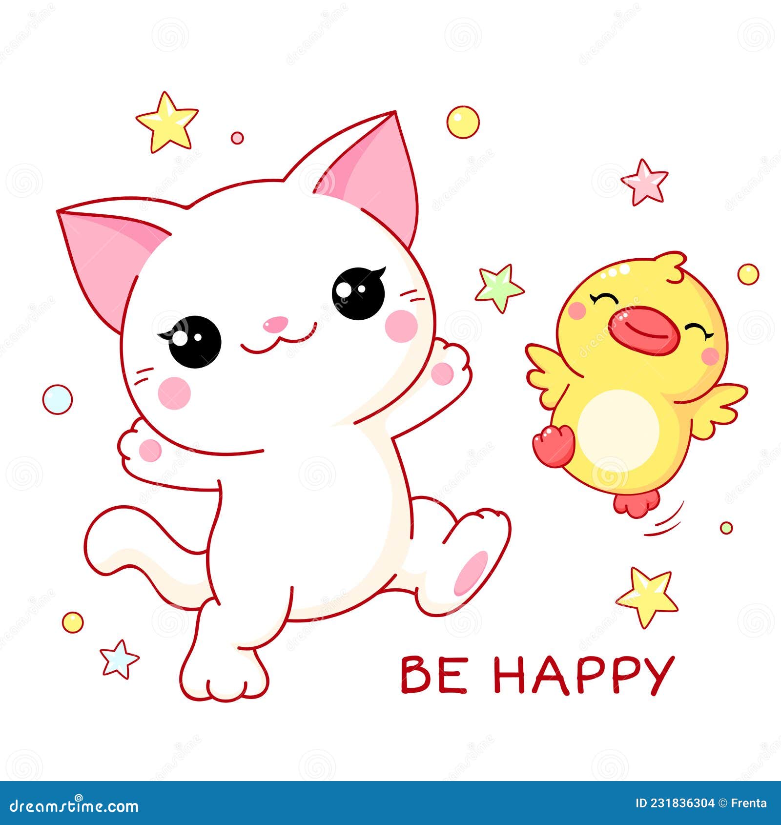 Square Greeting Card with Kawaii Cat and Duckling Stock Vector -  Illustration of friend, duck: 231836304