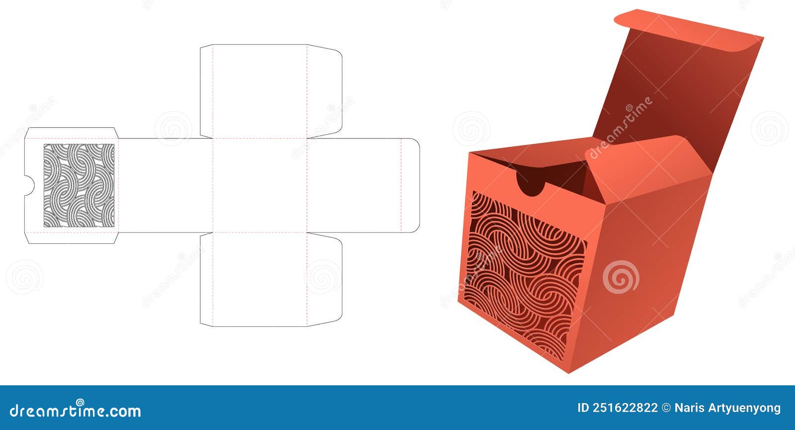 Square Mini Packaging Box with Curved Pattern Die Cut Template and 3D