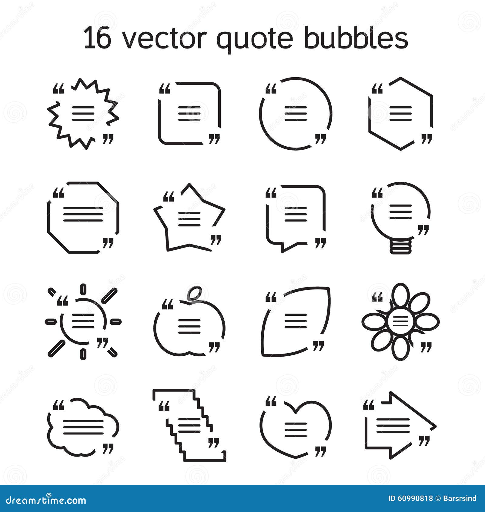 Square quote text bubbles set. Set of templates of square quote text bubble in various views. Motivation quote. Vector