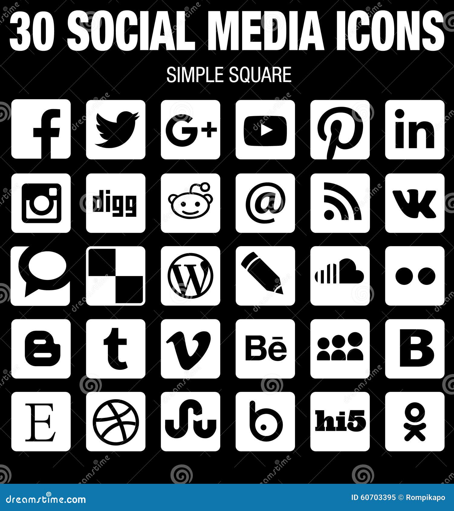 Square Social Media Icons Collection Flat Black And White With Rounded