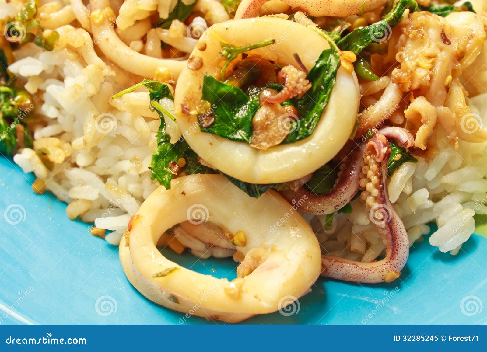 Squids Fried with Chilli Pepper and Sweet Basil on Rice Stock Image