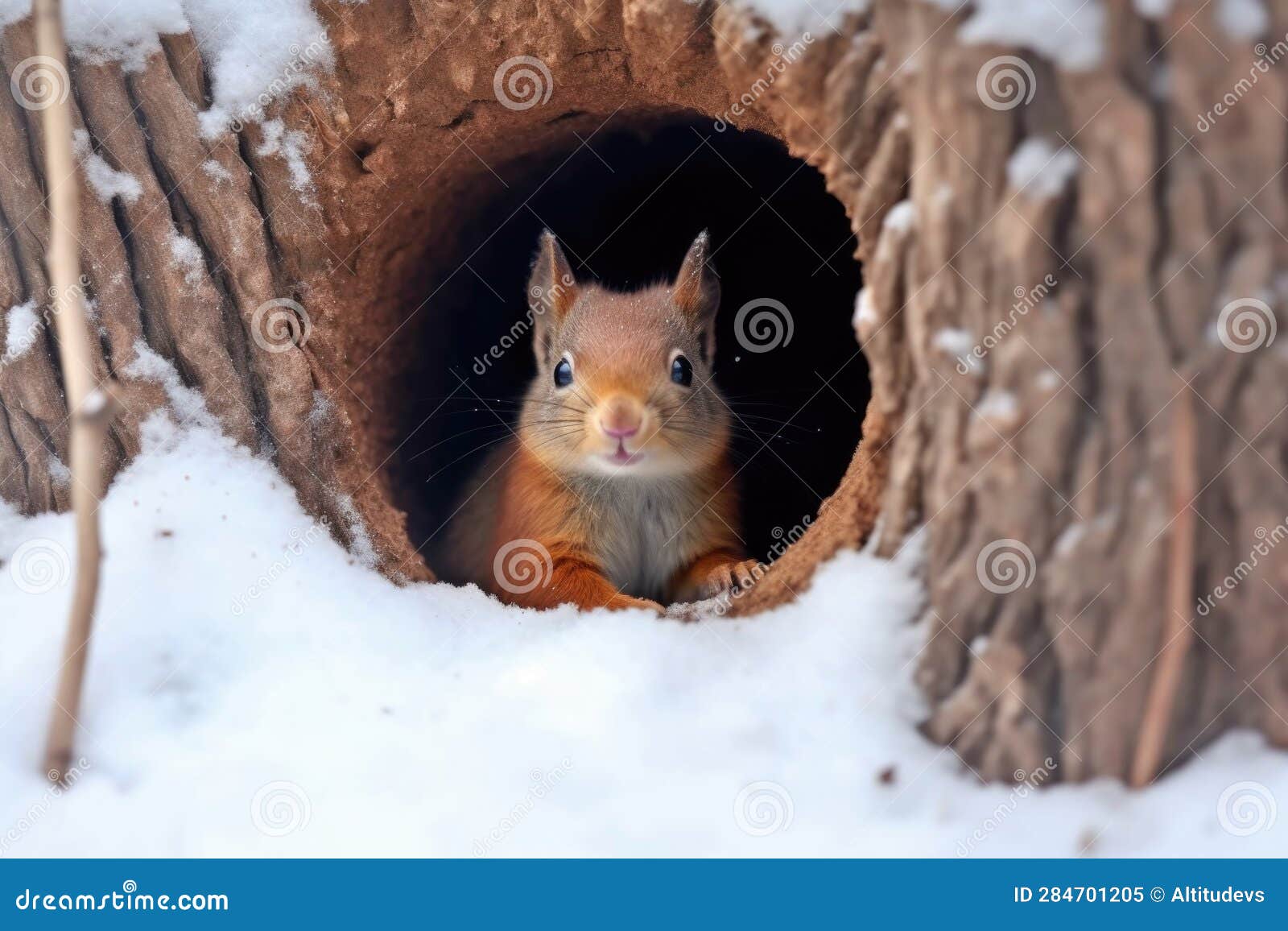 Squirrel Burying Nuts in a Tree Hole for Winter Stock Illustration