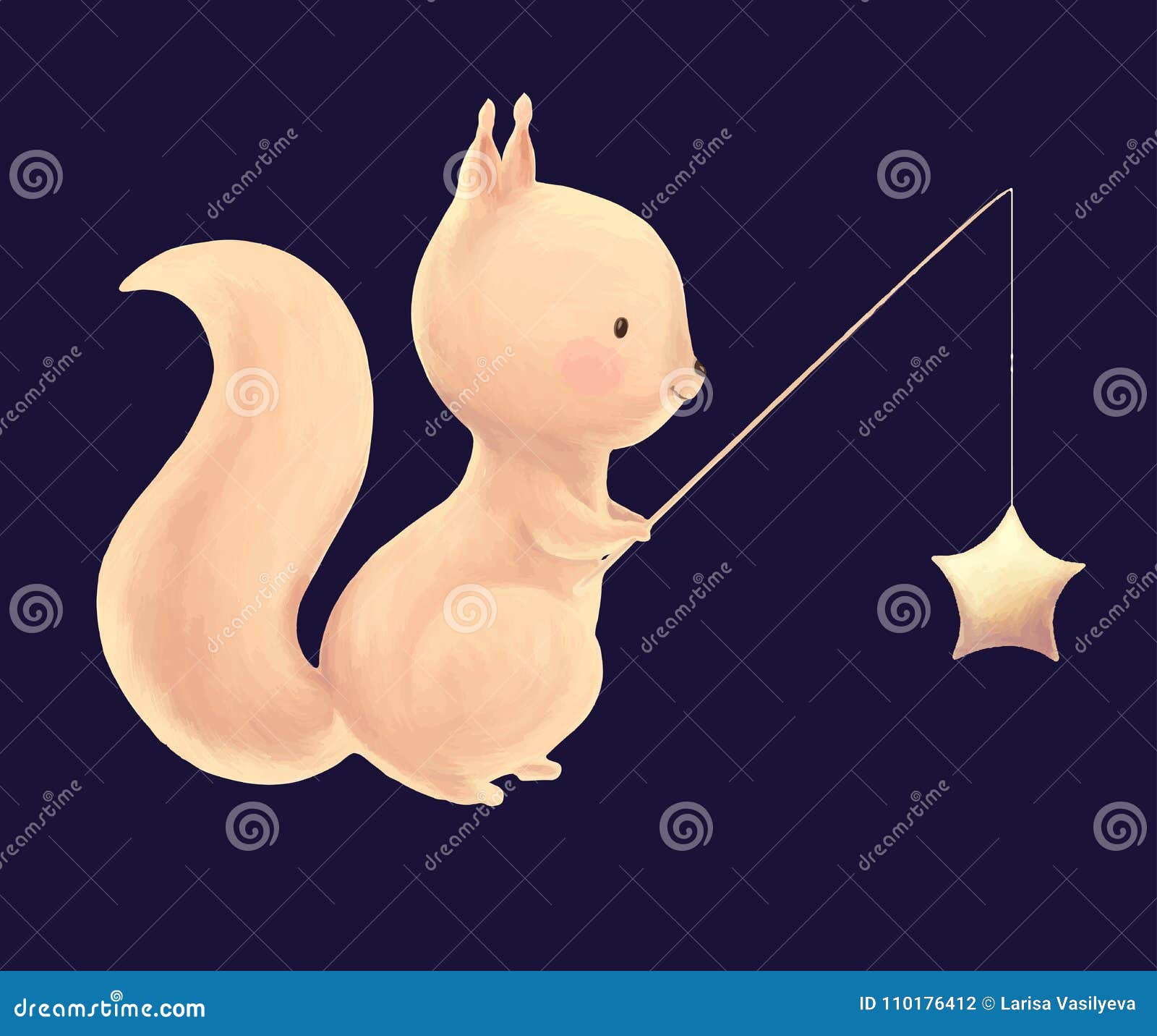 Squirrel catch the stars for a fishing rod cute children print. Night card. Illustration for kids birthday party, baby shower or childish design.