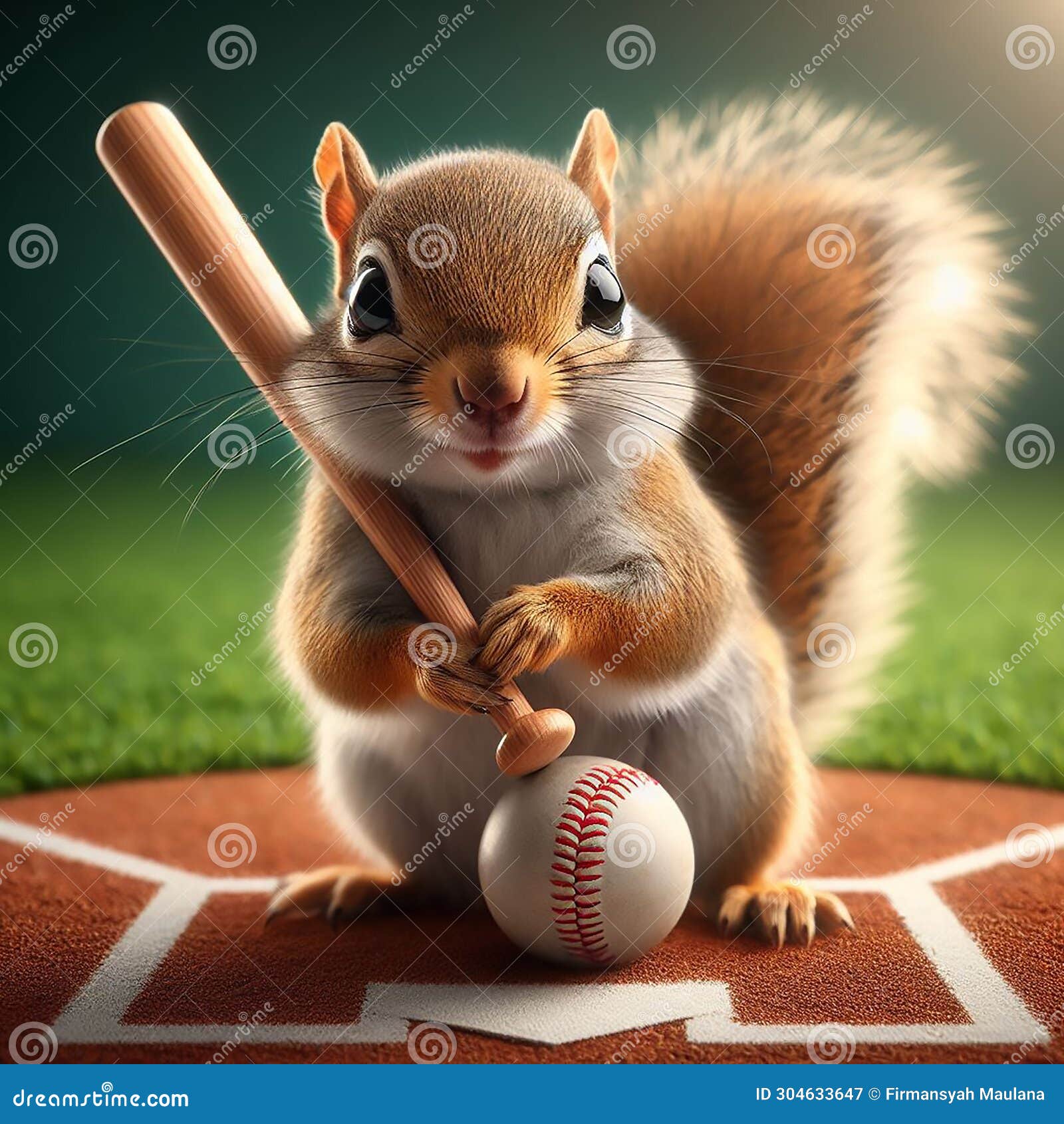 Squirrel Holding a Baseball Bat in the Field Stock Illustration
