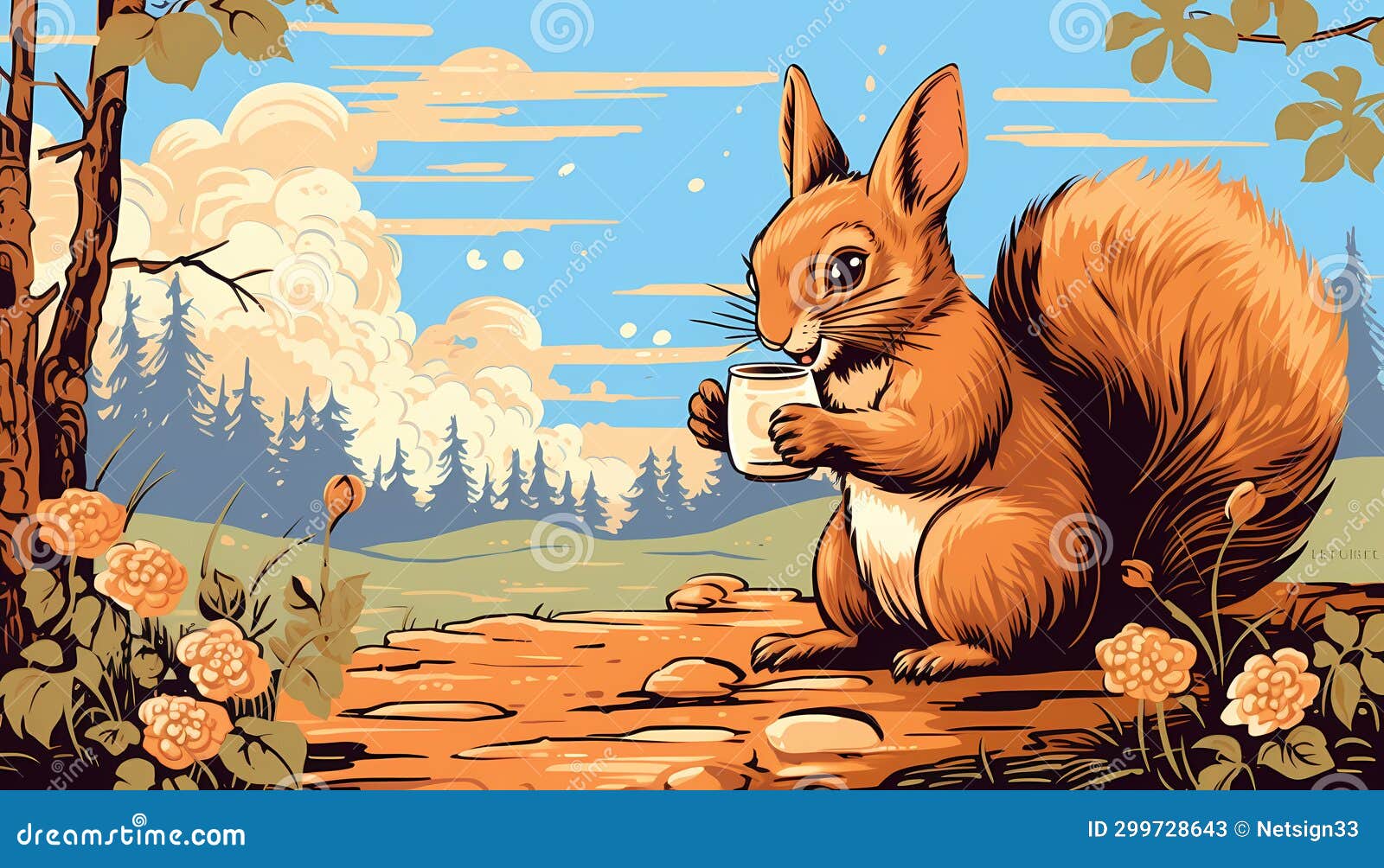 A Squirrel Holding a Cup, a Cheerful Cute Squirrel Drinks Cocoa from a