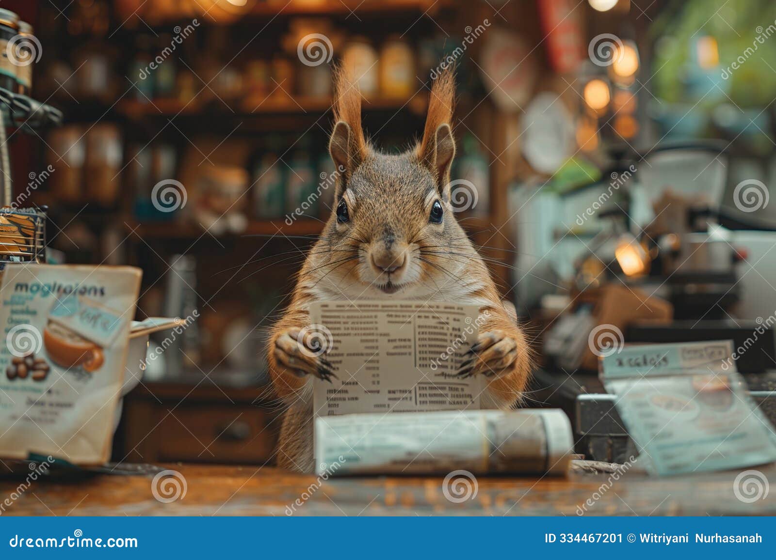 squirrel reading menu at coffee shop