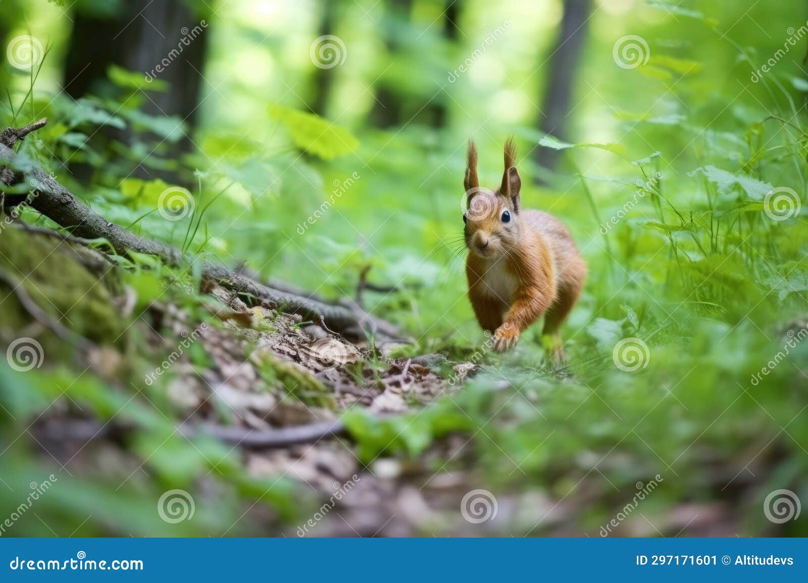 a squirrel scampering across an undergrowth near a trail