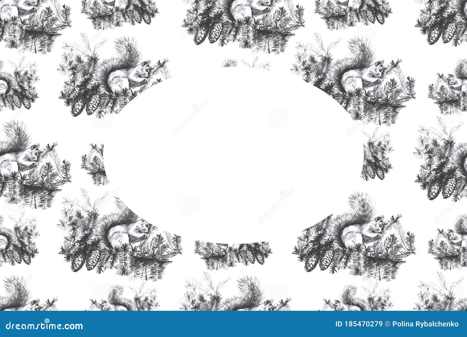 squirrel on a pine tree pattern seamless print textile graphic pencil
