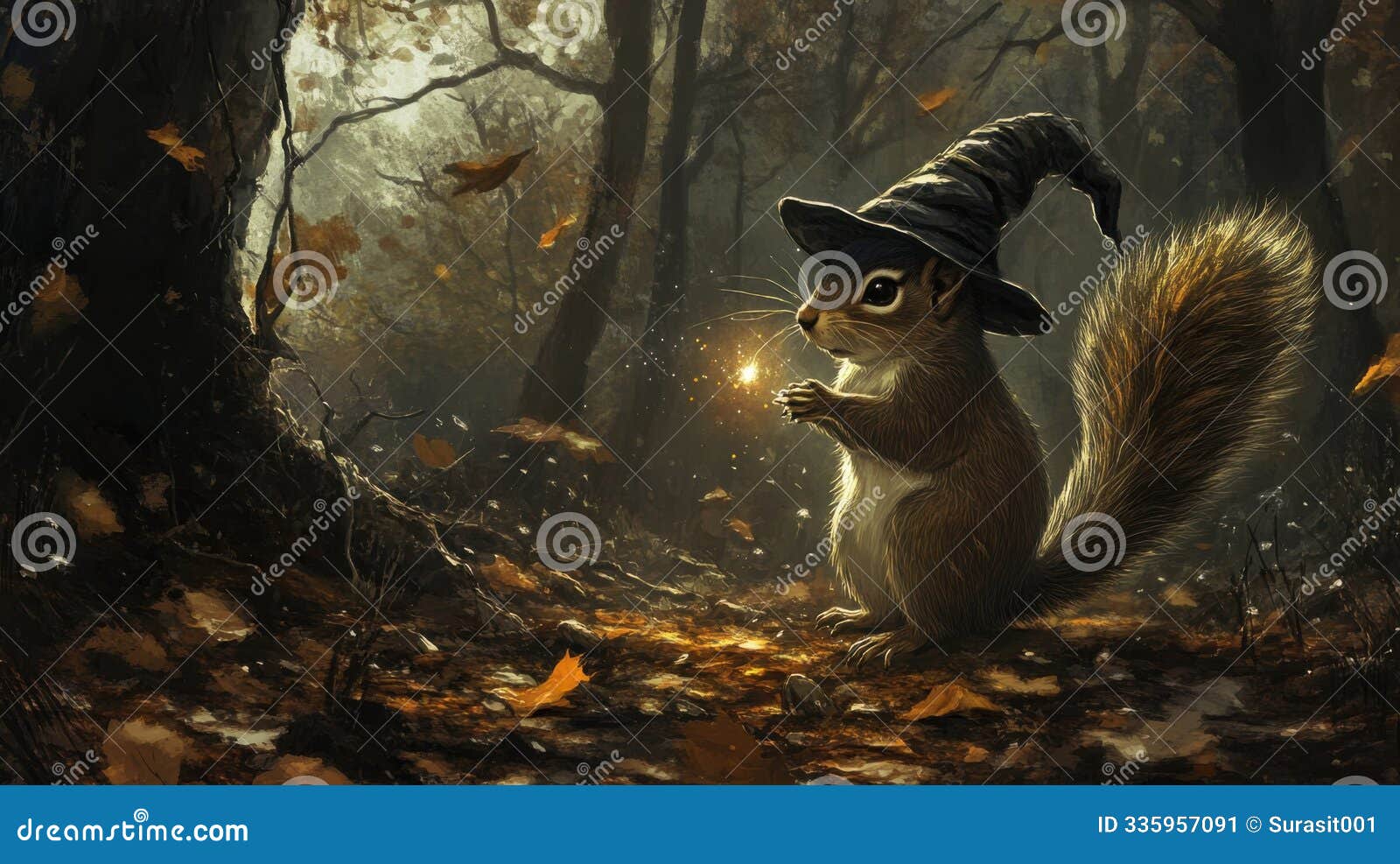 a squirrel wearing a witch's hat is holding a small object in its paw