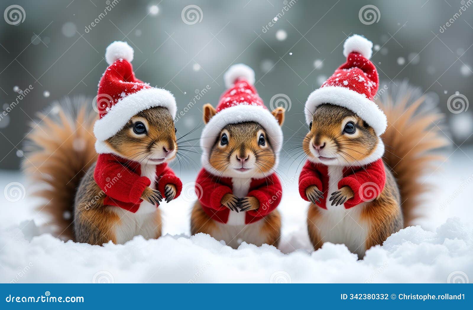 squirrels in festive hats gather in the snow under a winter sky during a joyful holiday celebration
