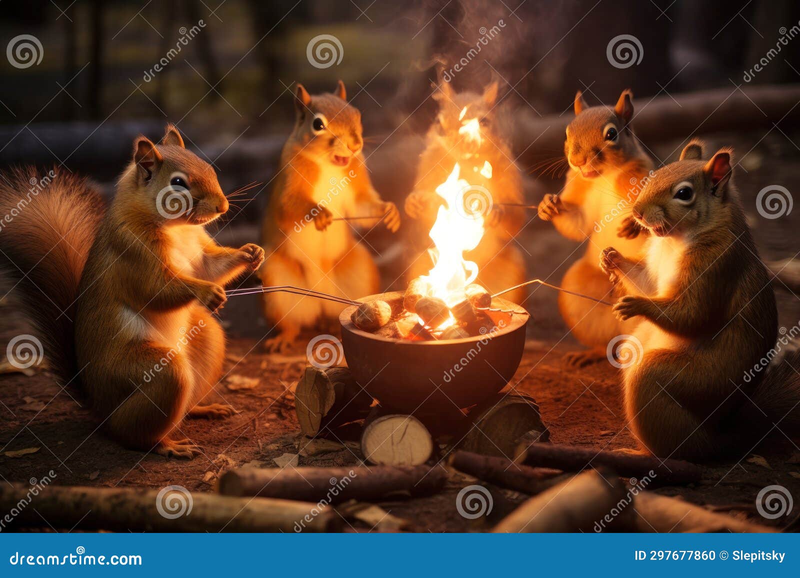 Squirrels Roasting Marshmallows in a Campfire Stock Photo Image of