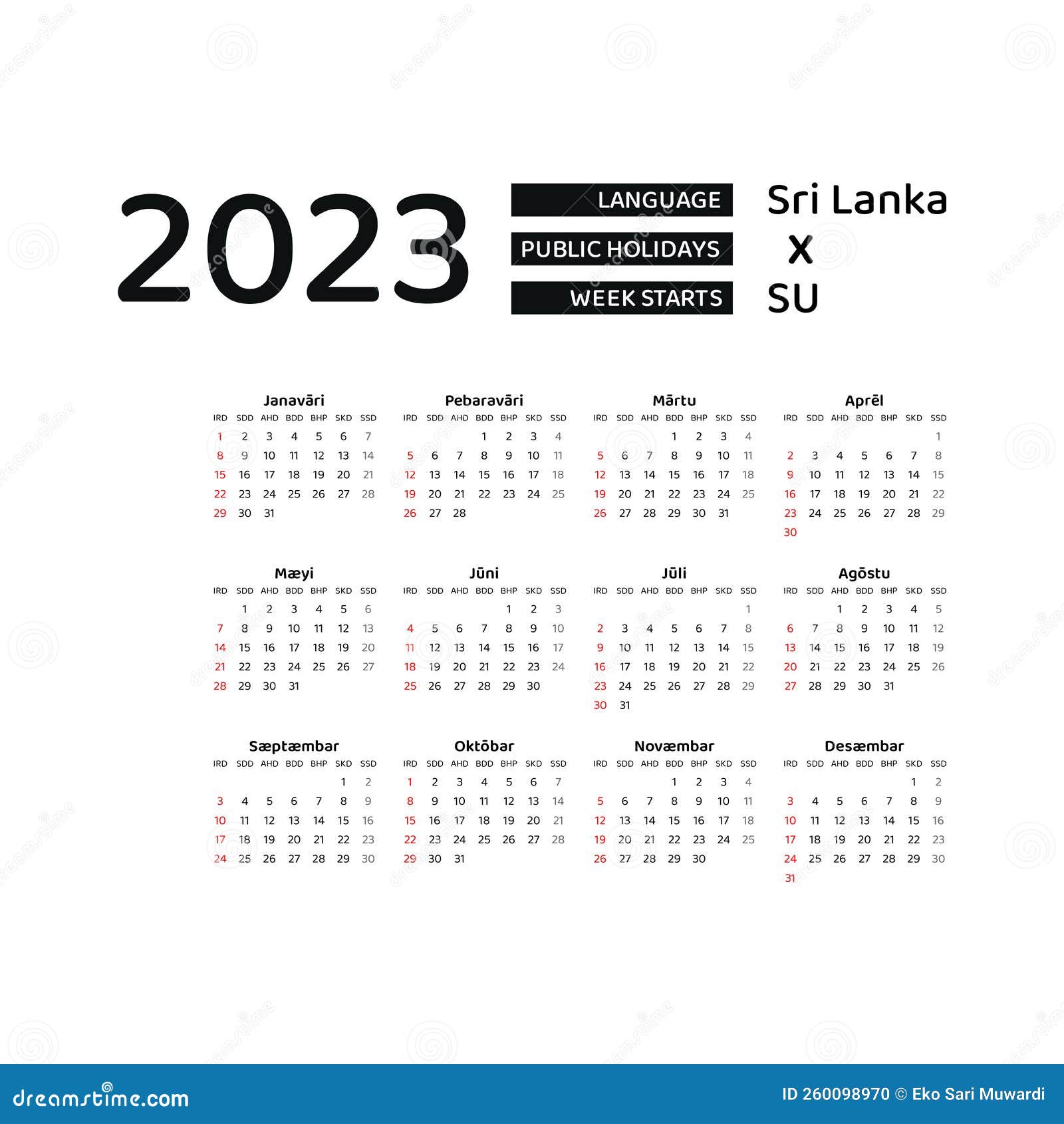 Sri Lanka Calendar 2023. Week Starts from Sunday. Vector Graphic Design