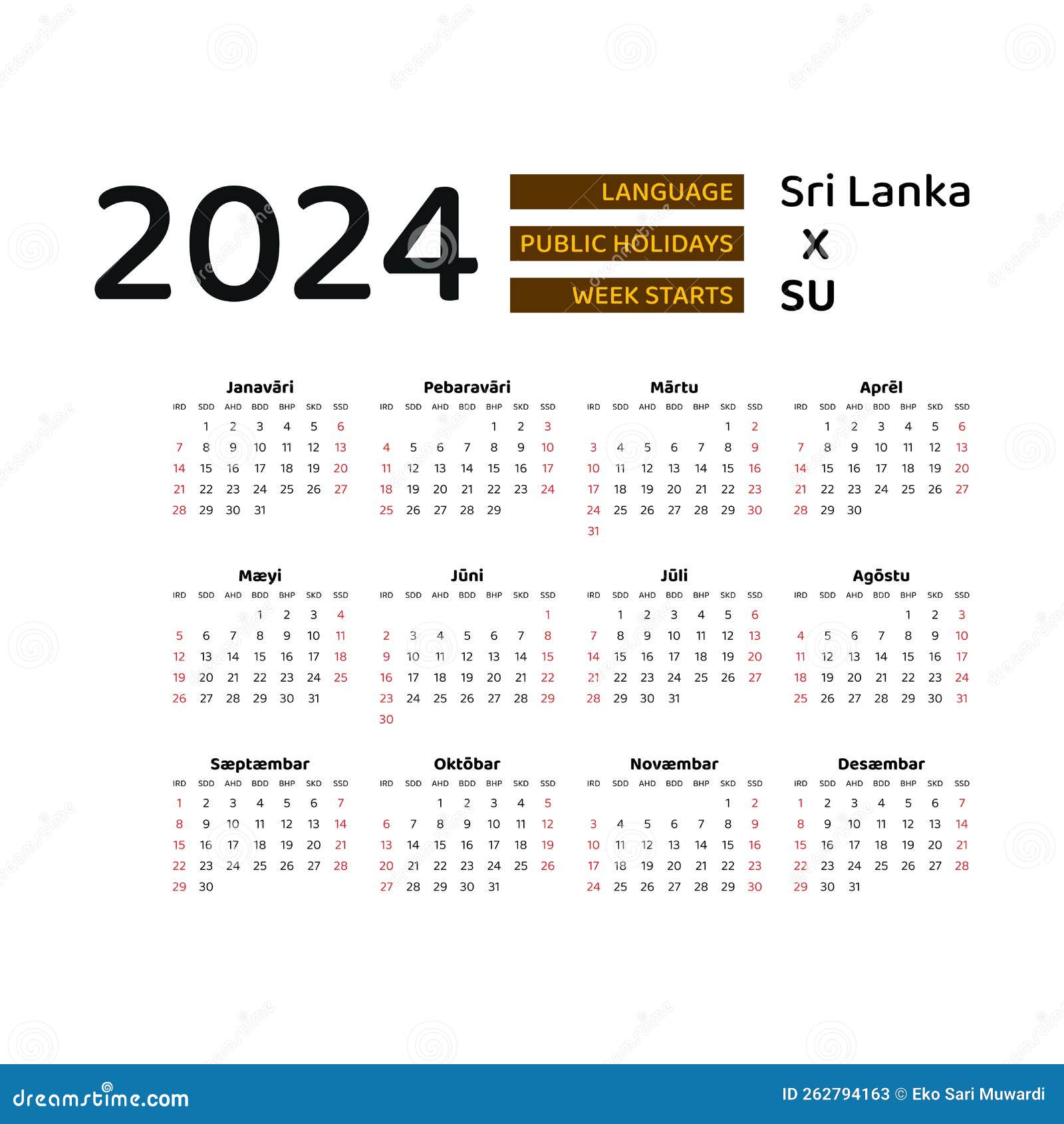 Sri Lanka Calendar 2024. Week Starts from Sunday. Vector Graphic Design