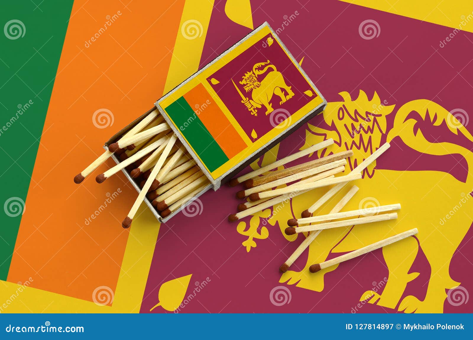Sri Lanka Flag is Shown on an Open Matchbox, from Which Several Matches